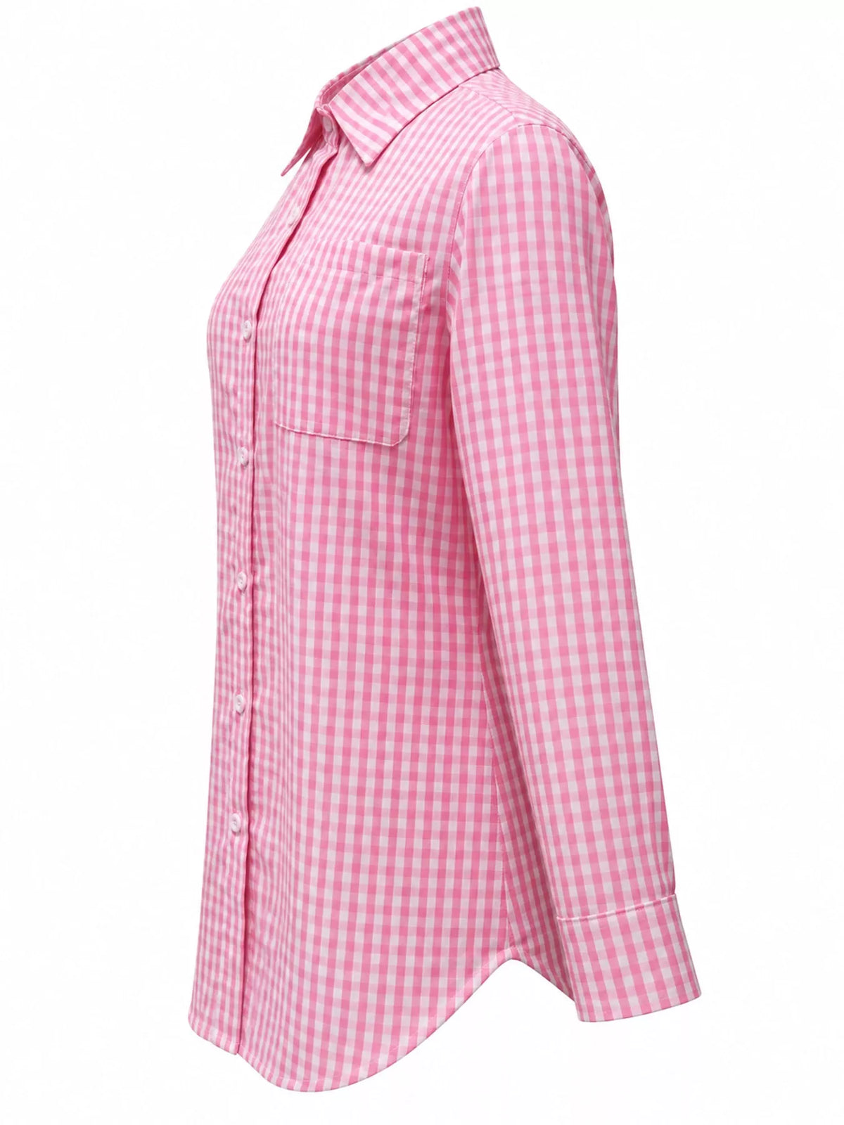Pink and white plaid button-down shirt, side view