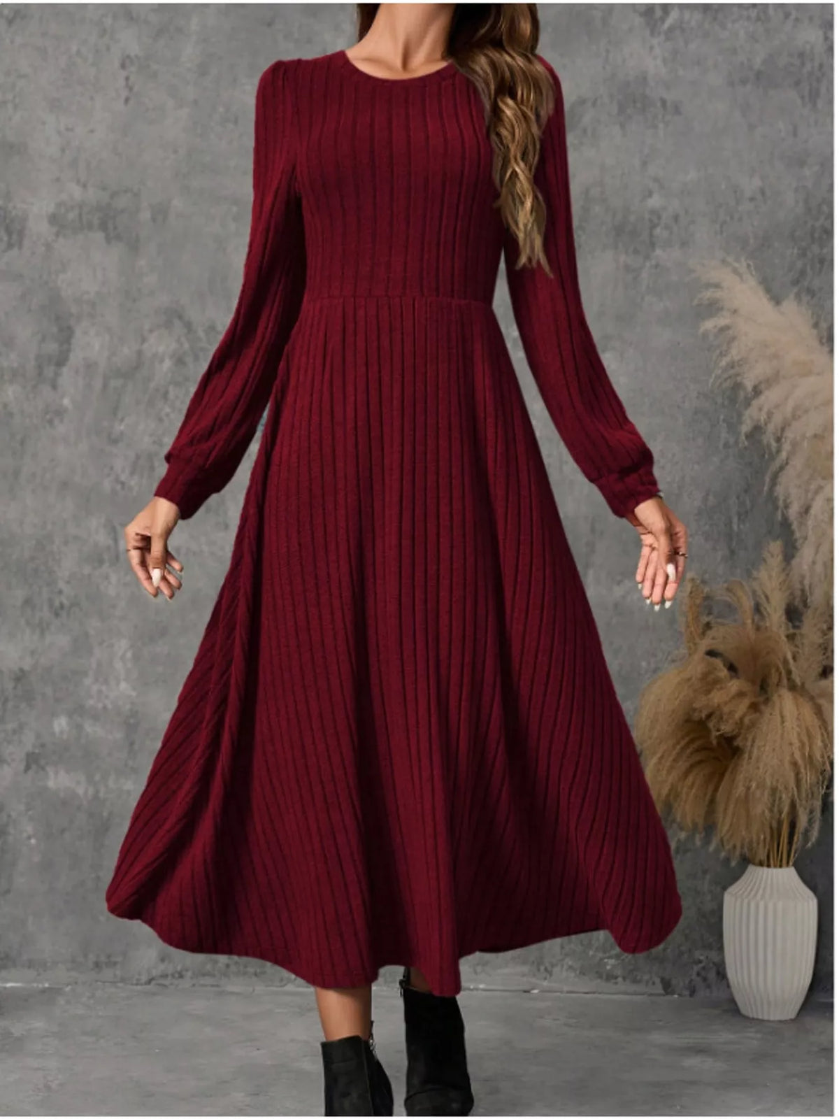 Women's Ribbed Knit Long Sleeve A-Line Midi Dress in burgundy — front view
