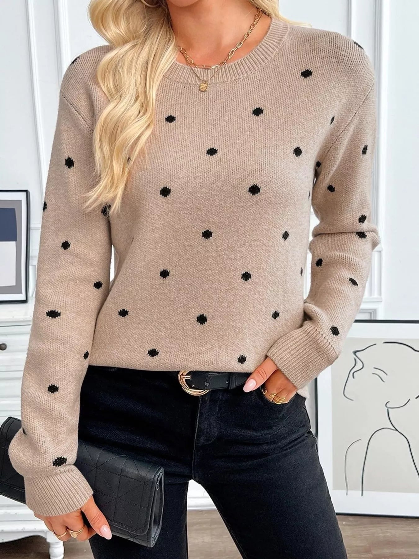 Trendsi Polka Dot Crew Neck Sweater -