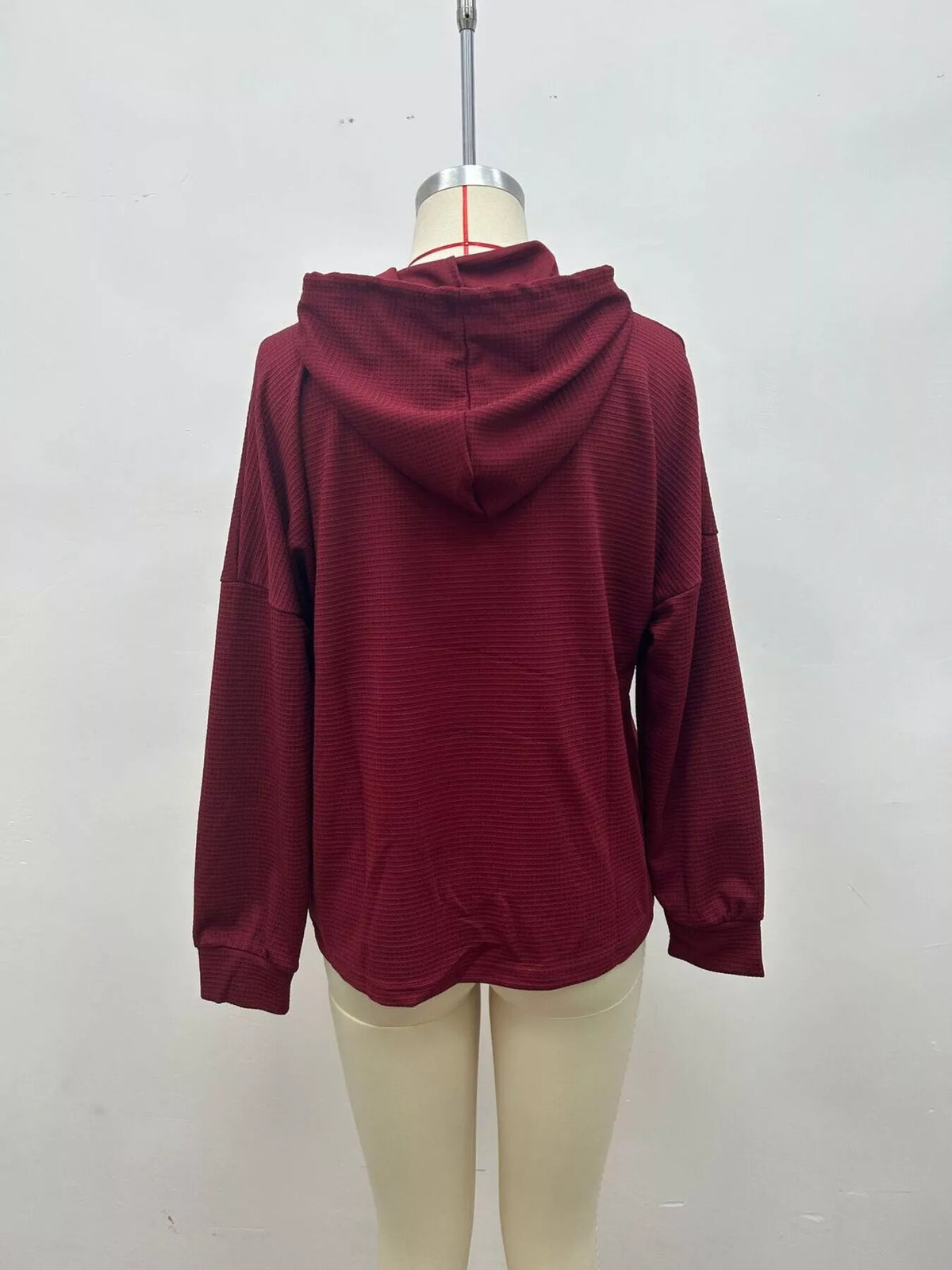 Women's Waffle Knit Drawstring Long Sleeve Hoodie in Burgundy, back view