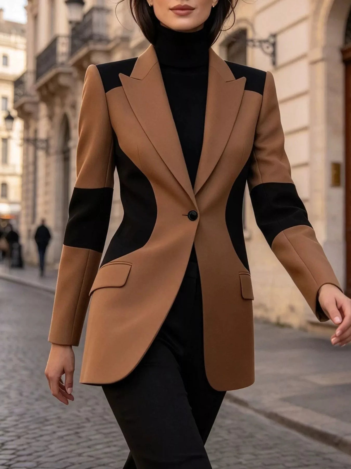 Brown color-block one button blazer