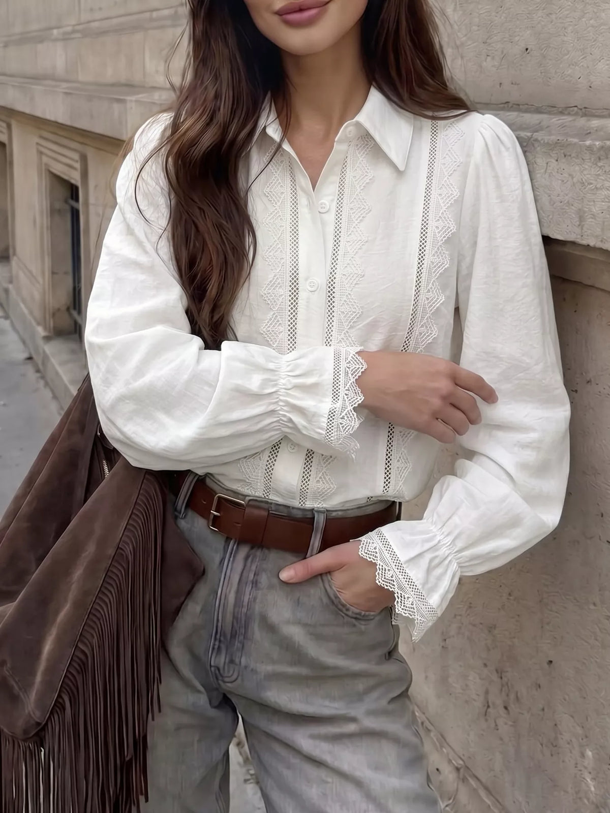 White lace-trimmed button-down shirt, front view