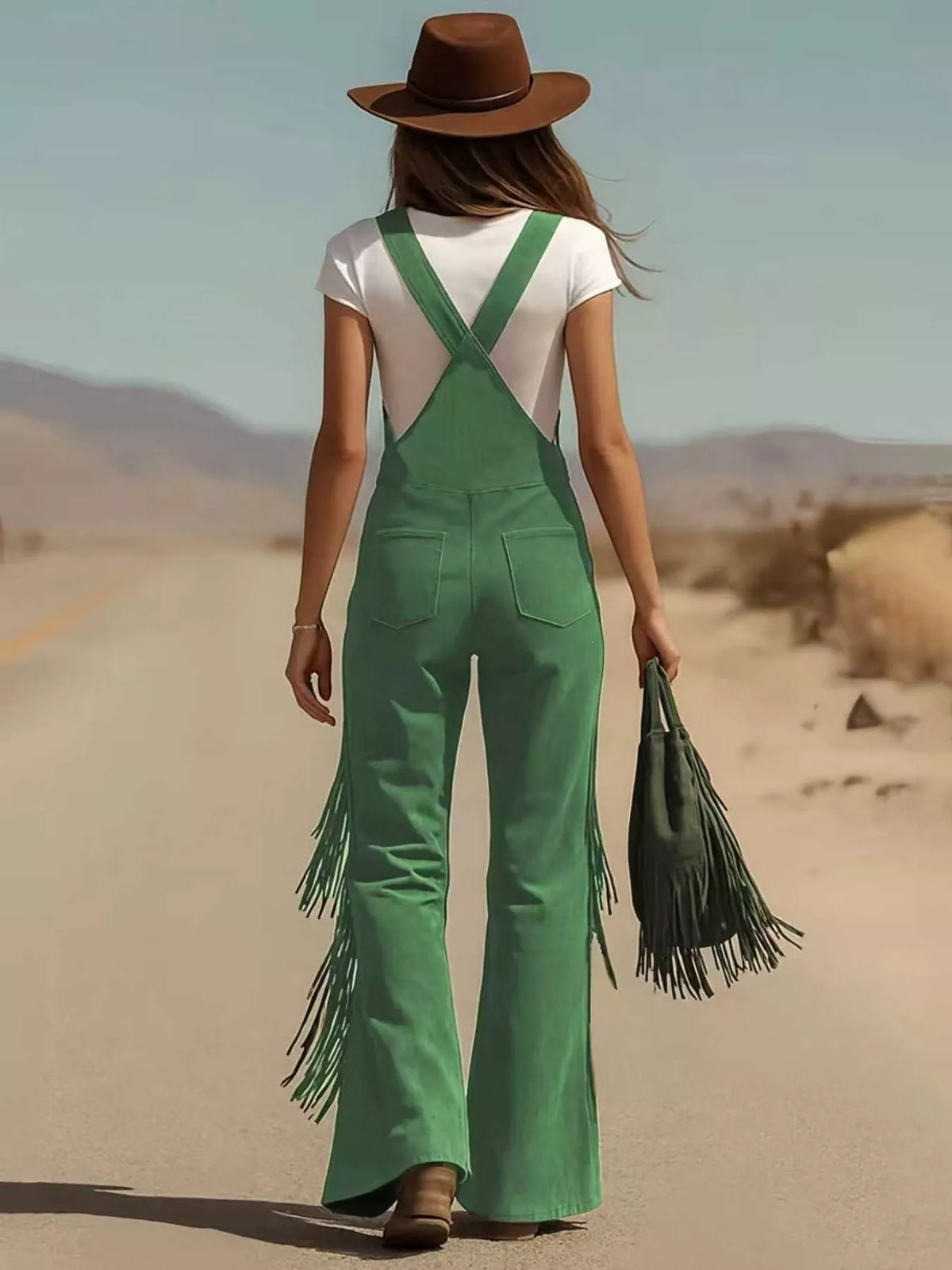 Fringe-detail flare-leg overalls, back view