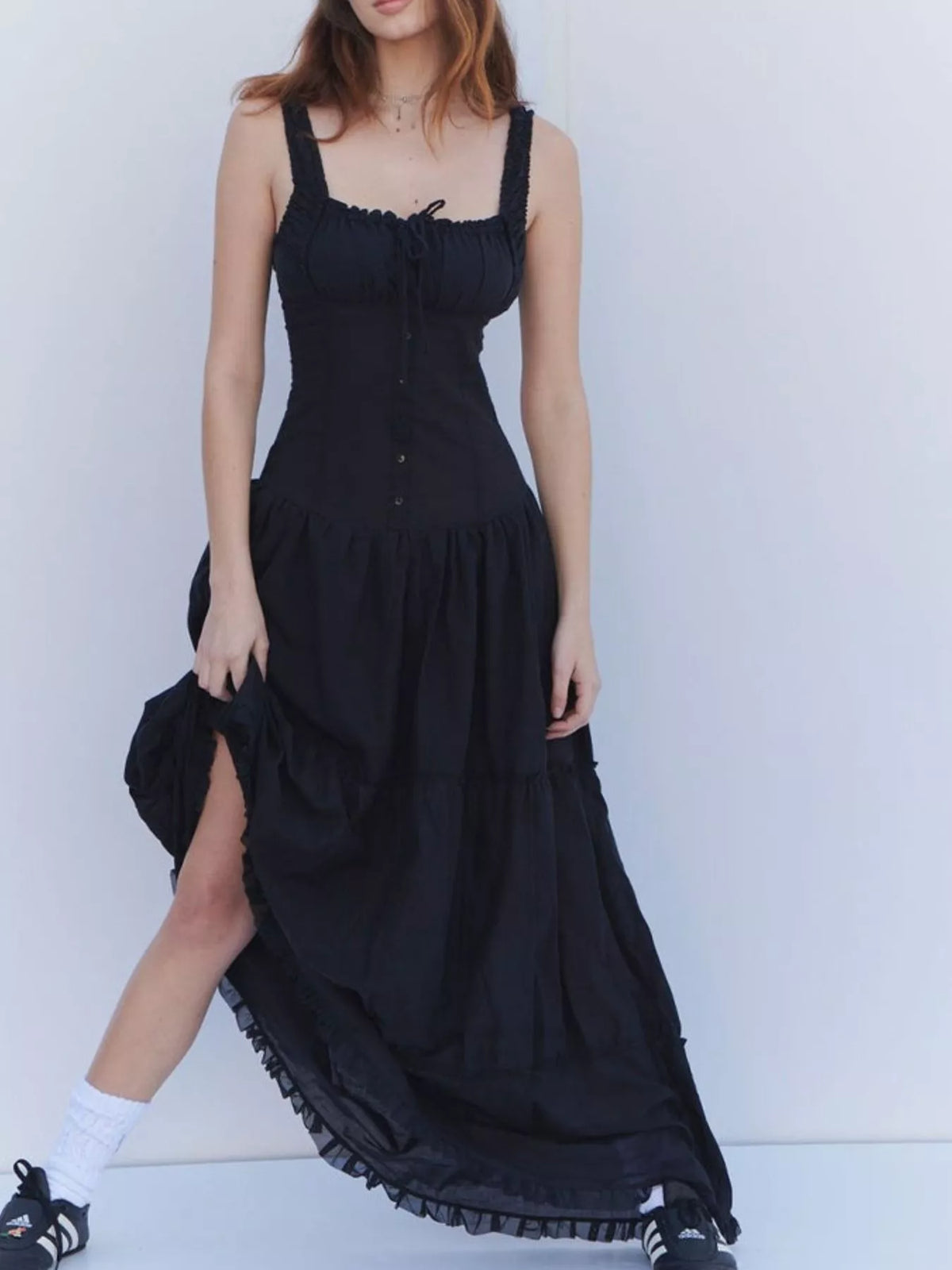 Women's Ruffled Square Neck Tiered Maxi Dress in black — front view