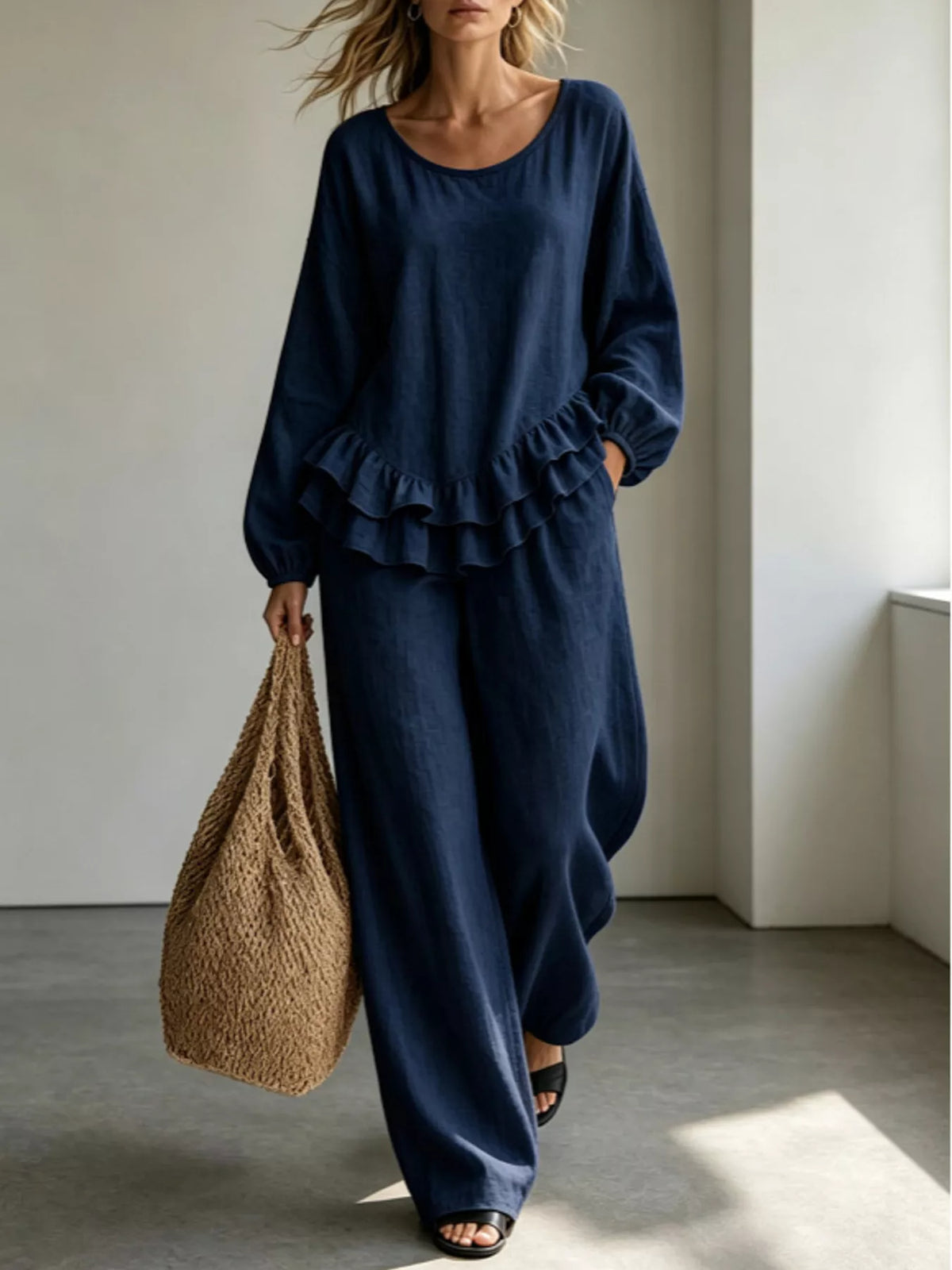 Ruffled Hem Long Sleeve Top and Pants Set — front view