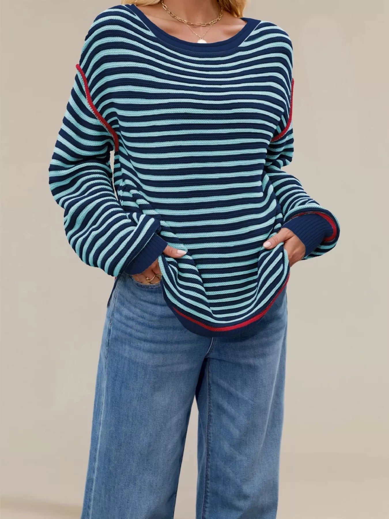 Trendsi Oversized Striped Dropped Shoulder Sweater -