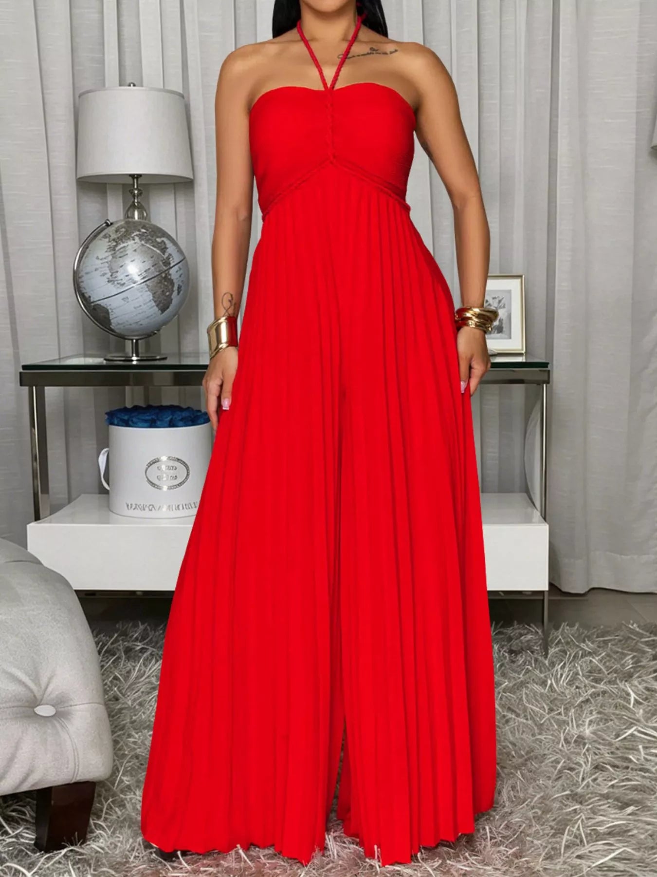 Trendsi Pleated Halter Neck Wide Leg Jumpsuit -