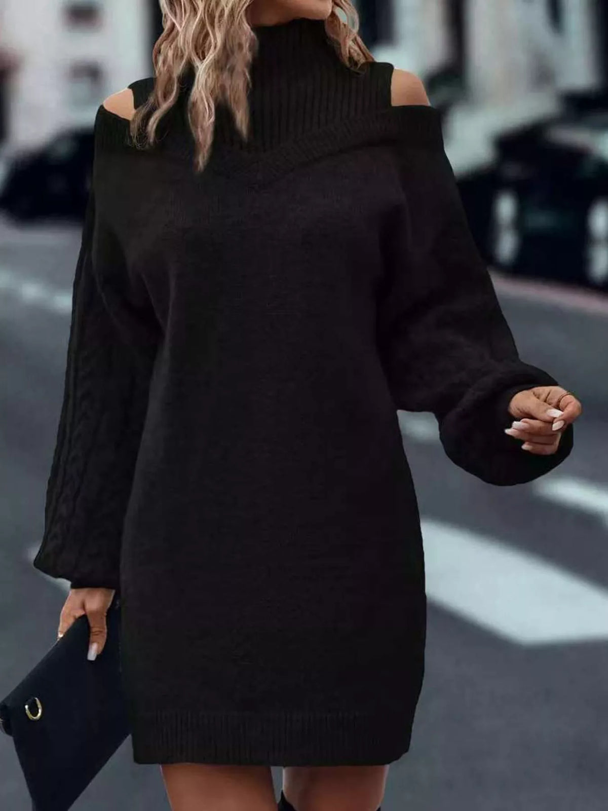 Black cold shoulder cable knit mock neck sweater dress, front view