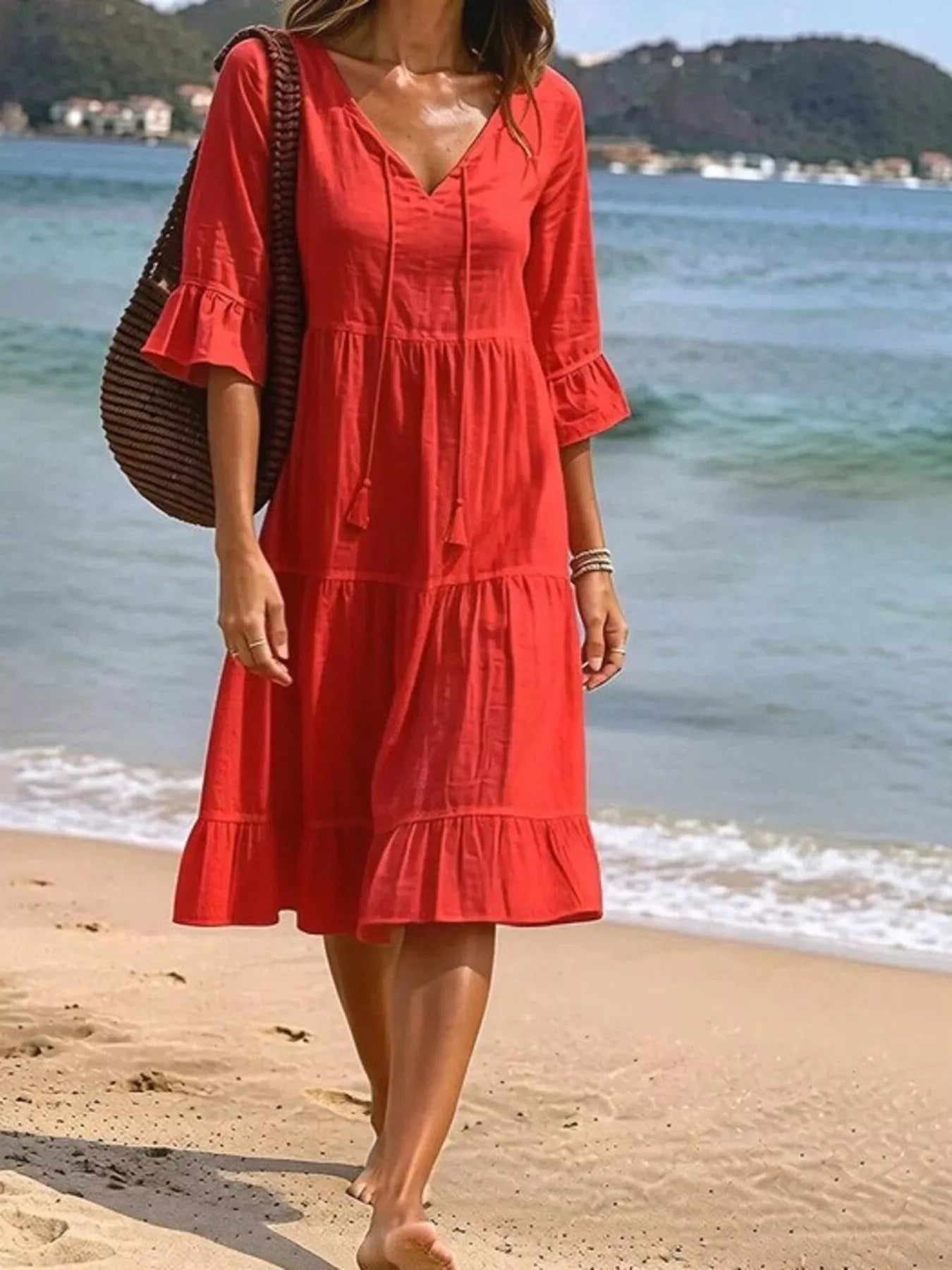 Trendsi Full Size Tiered Tie Neck Flounce Sleeve Dress Plus Size -
