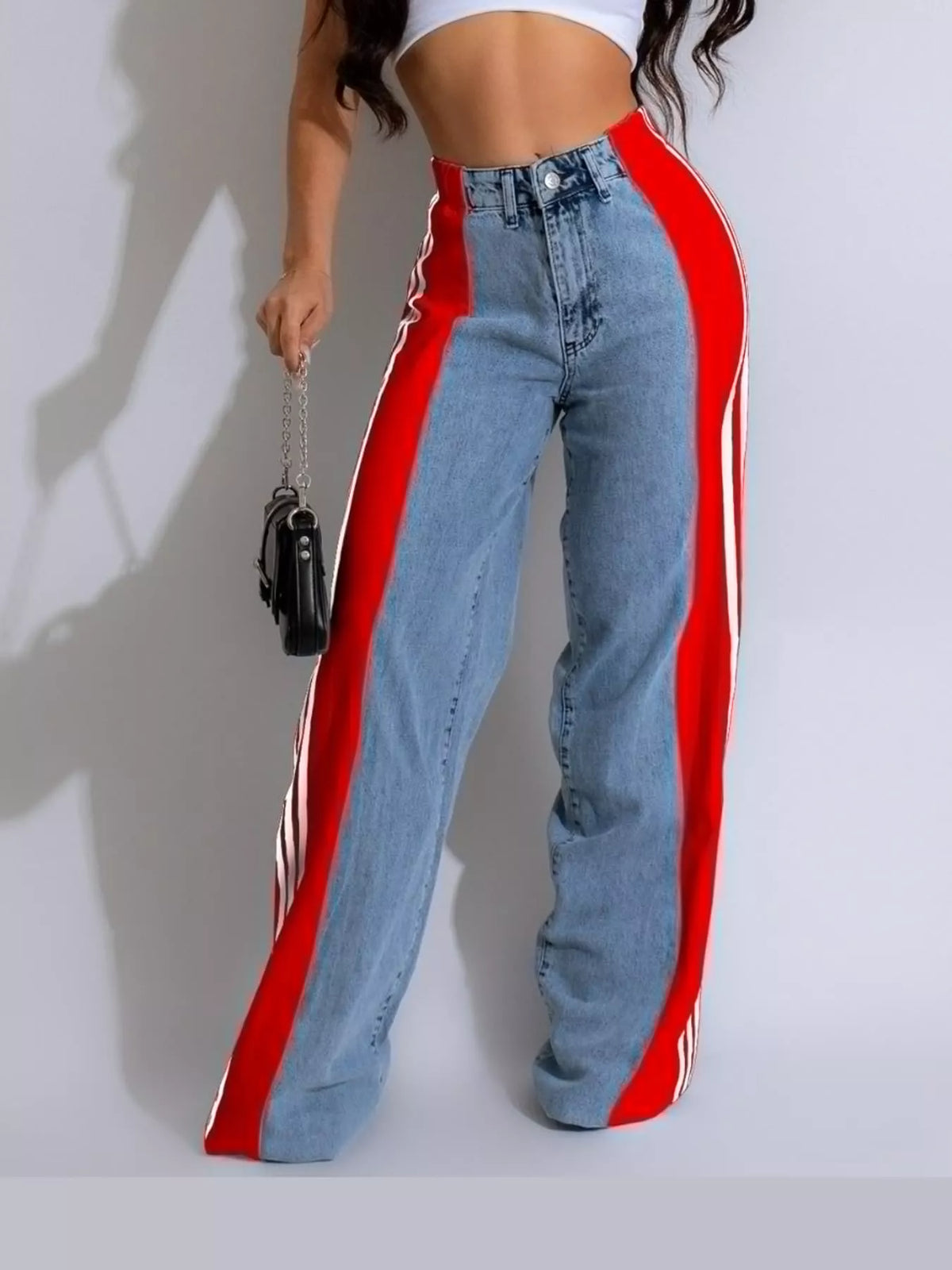Red high-waisted wide-leg jeans with side stripe detail
