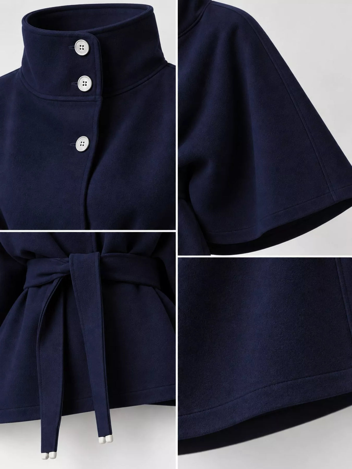 Navy belted button-front cape — design and construction details