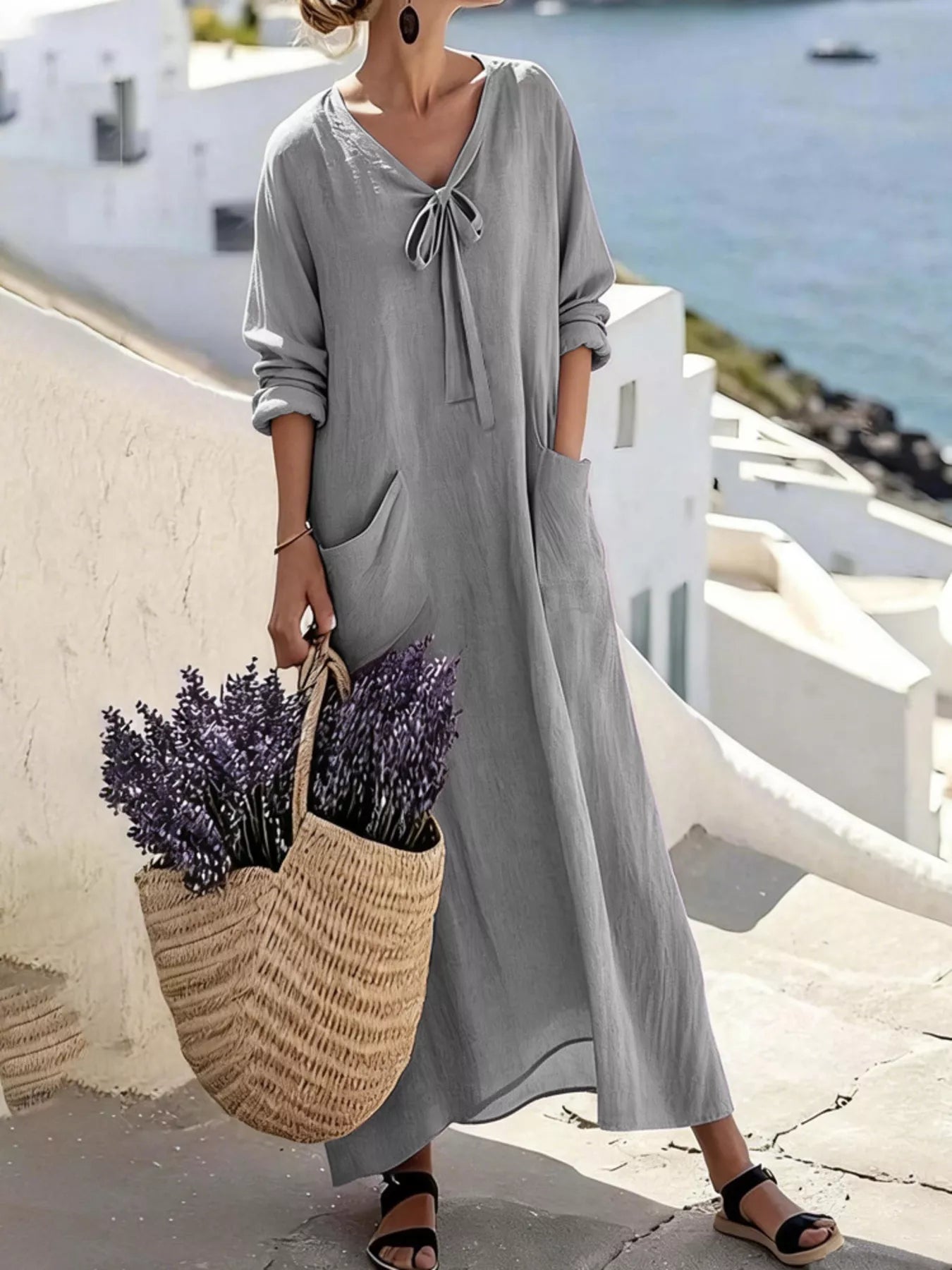 Trendsi Full Size Long Sleeve Loose Maxi Dress with Pockets Plus Size -