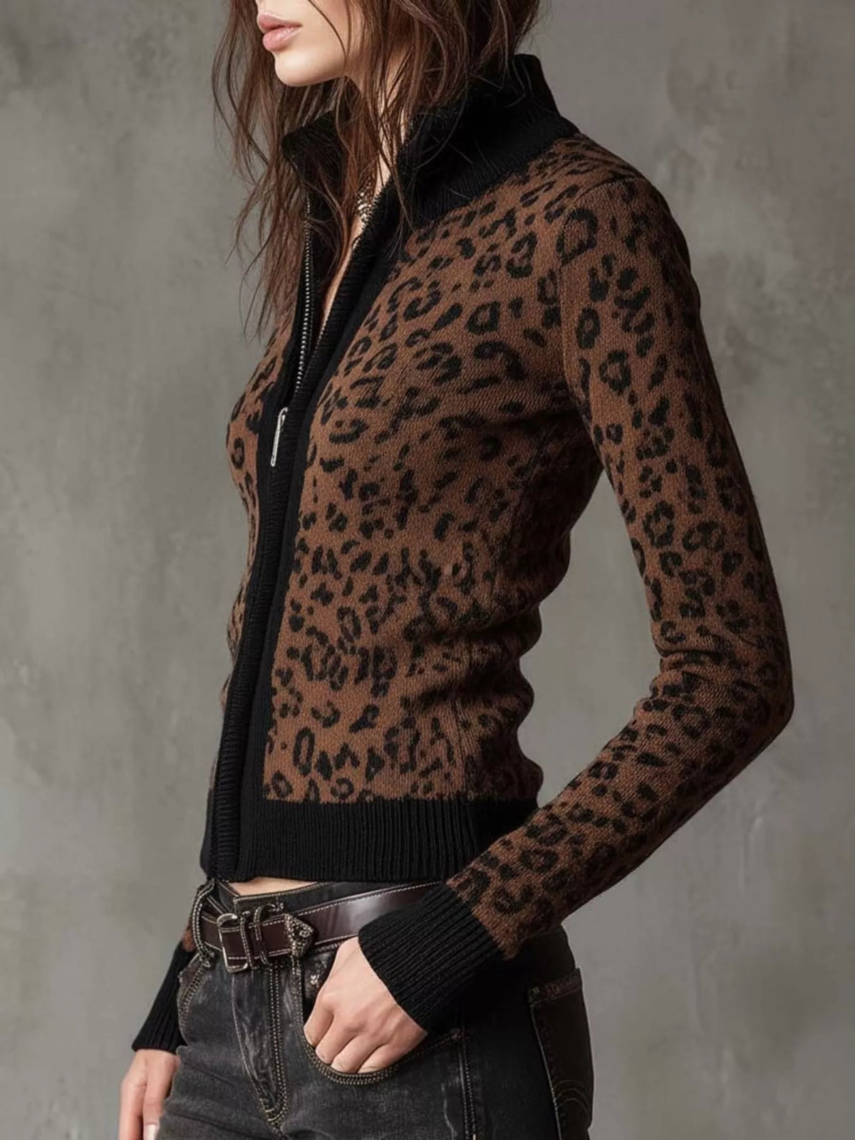 Leopard zip cardigan, brown leopard side