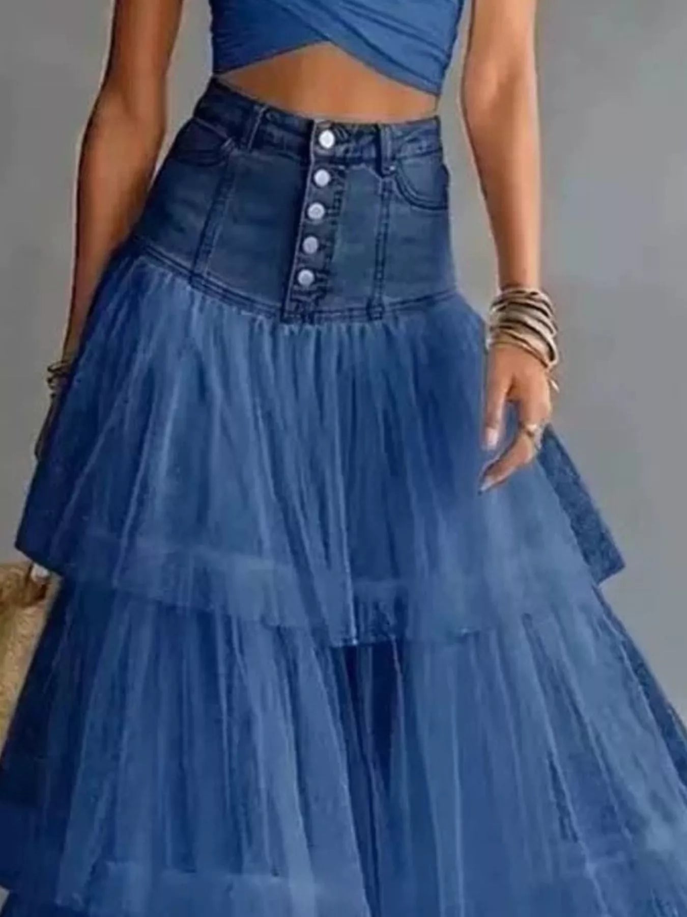 Trendsi High-Waisted Button-Front Denim and Tulle Maxi Skirt -