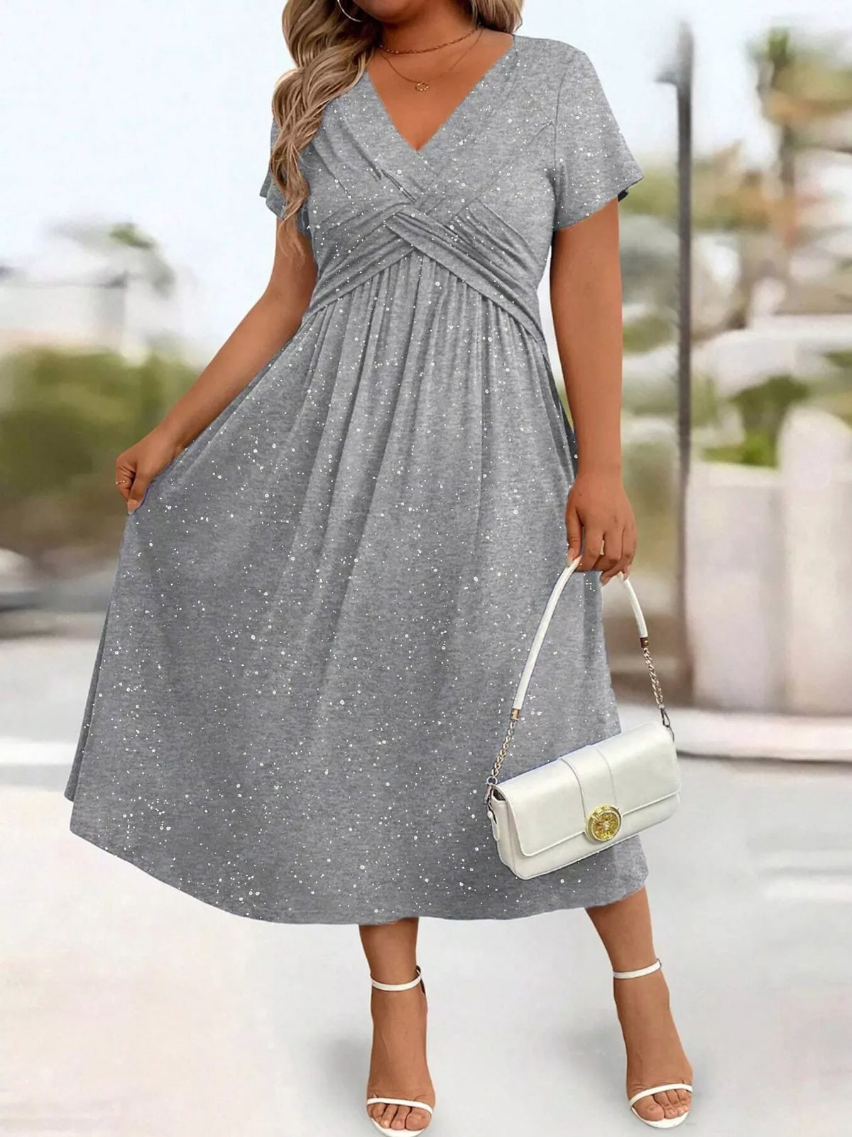 Gray speckled short sleeve midi dress with pockets, front view
