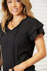 Trendsi Mandy Eyelet Tie-Neck Flutter Sleeve Blouse -