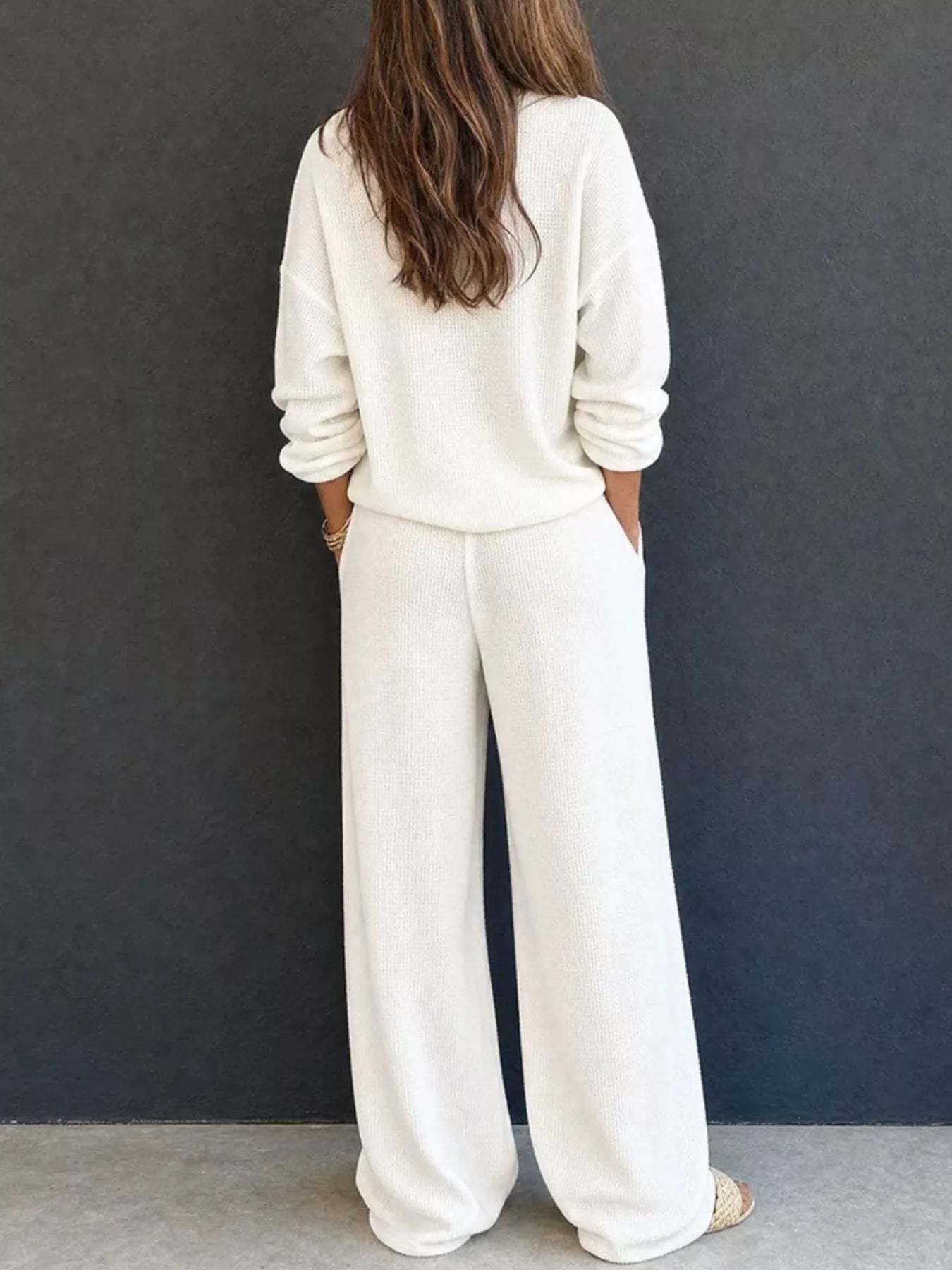 Trendsi Waffle Knit Henley Top and Wide Leg Pants Set -