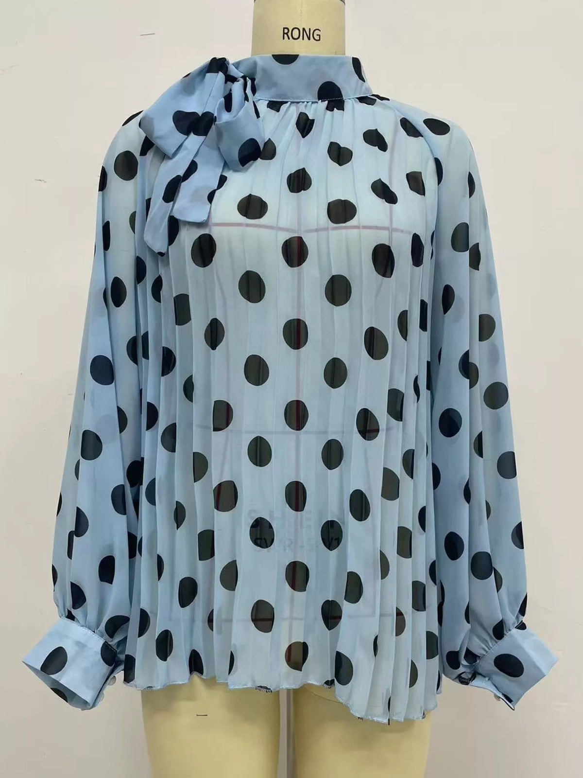 Sky Blue polka dot long sleeve blouse, detail view