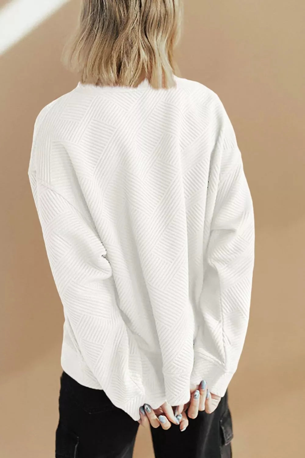 Trendsi Solid Color Textured Round Neck Drop Shoulder Pullover Sweatshirt -