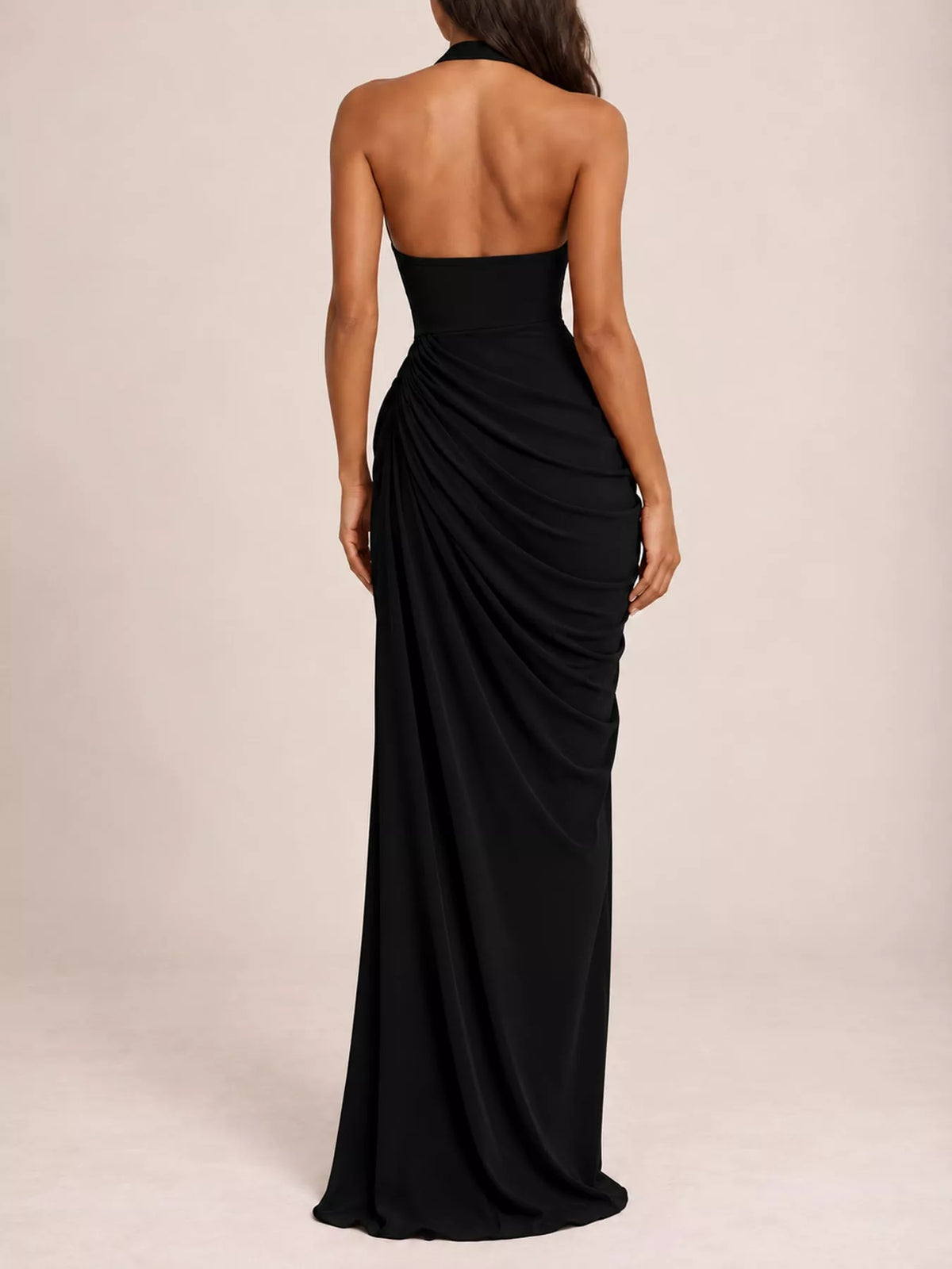 Black halter neck high-slit maxi evening dress — back view