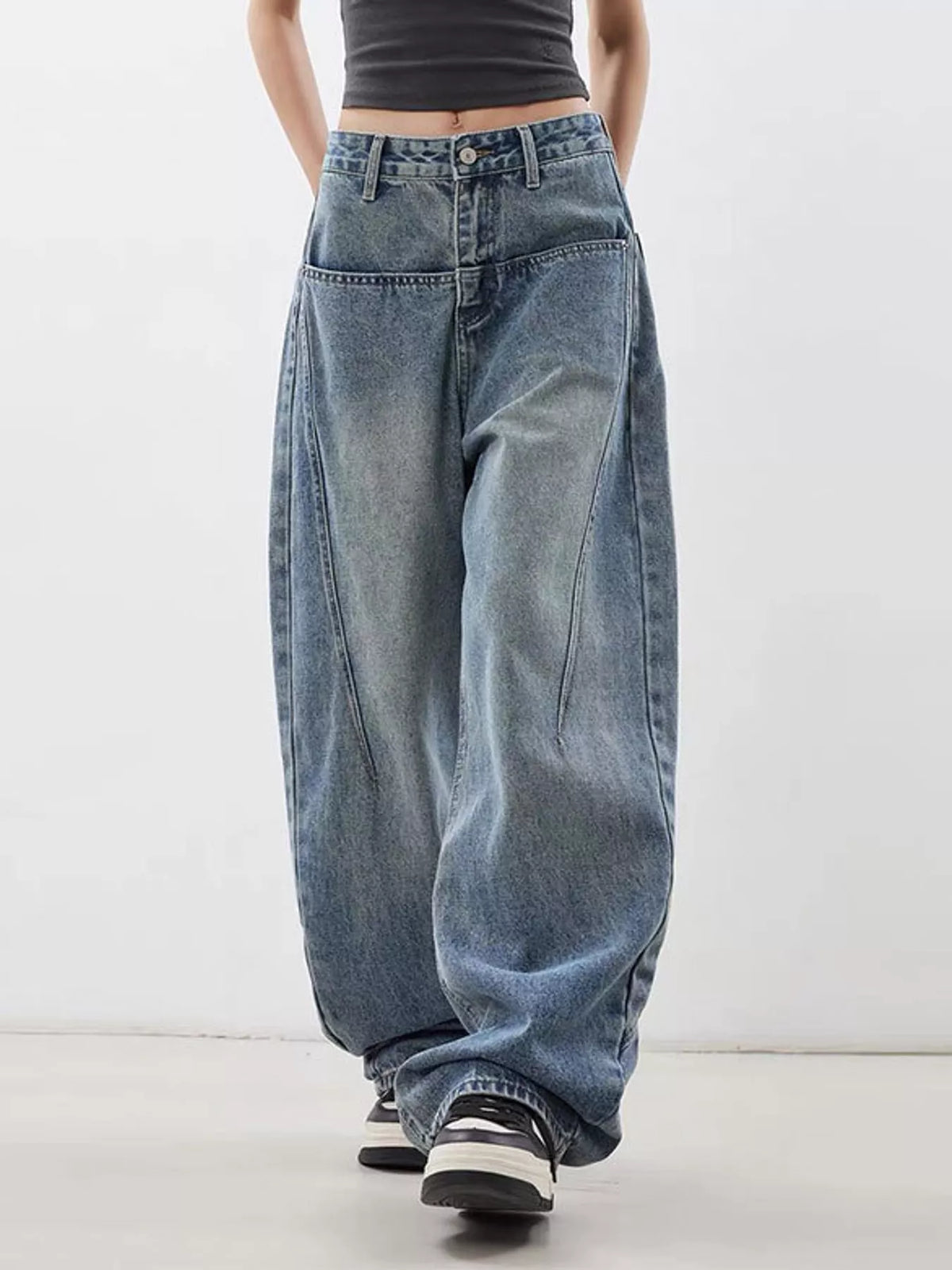 Blue wide leg baggy jeans, front view