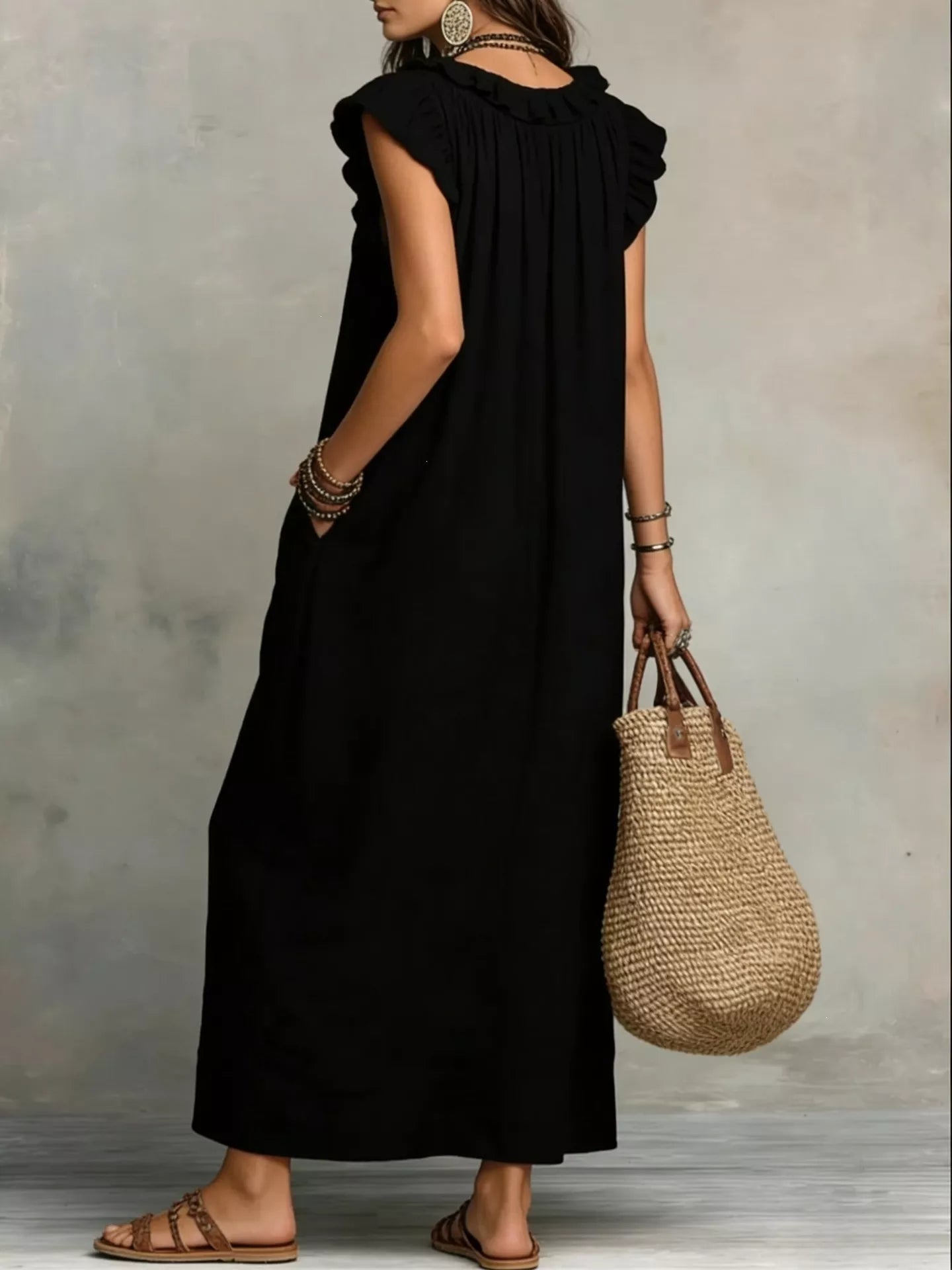 Trendsi Full Size Ruffled V-Neck Cap Sleeve Maxi Dress Plus Size -