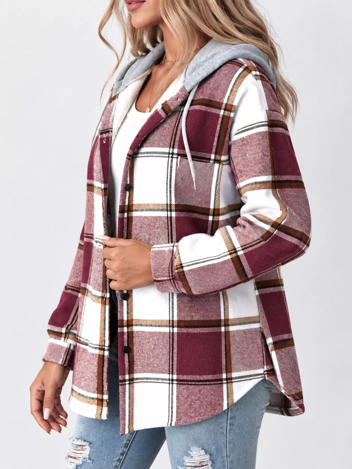 Button-Down Printed Contrast Hooded Shacket — side view