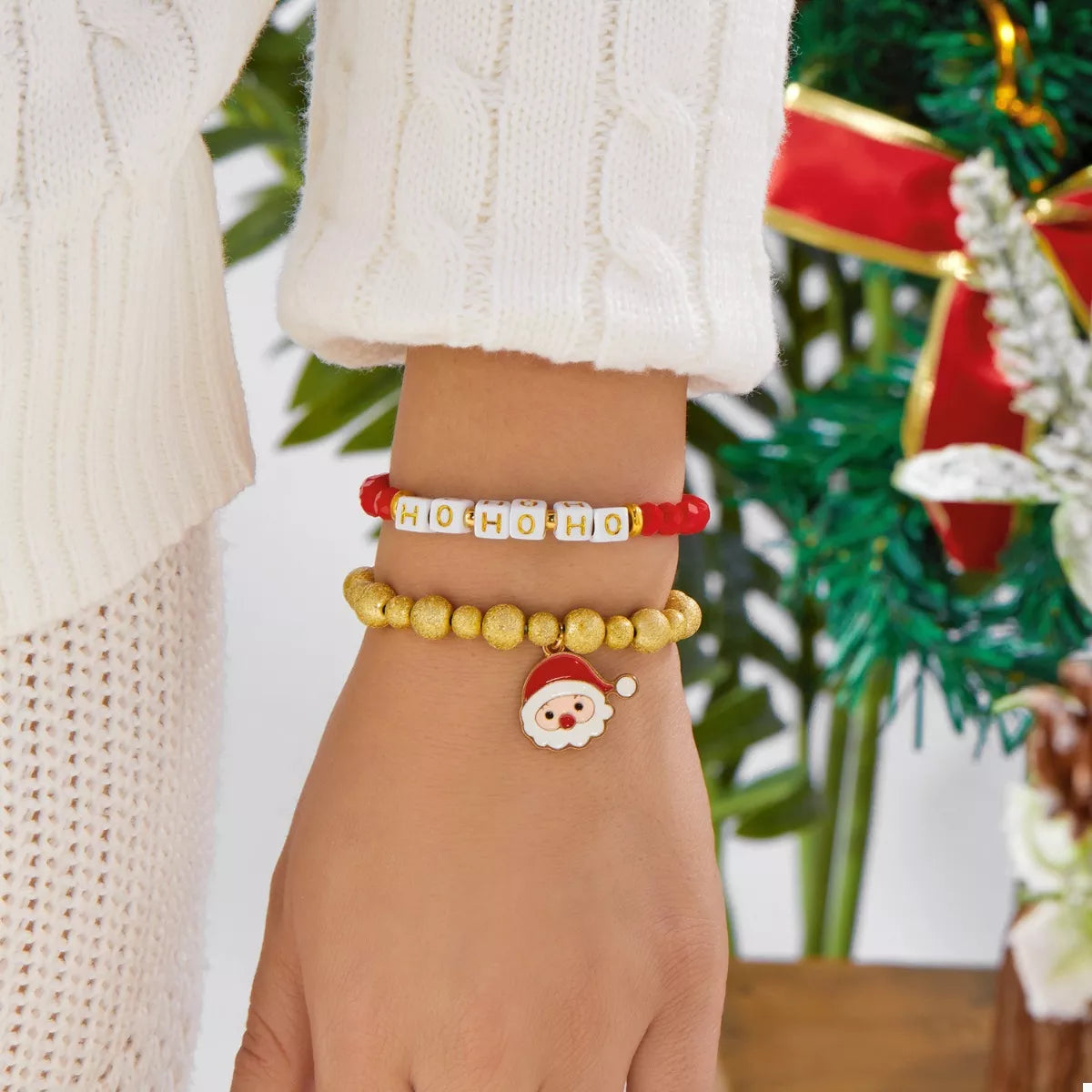 Trendsi 2 Piece Christmas Santa Beaded Bracelet -