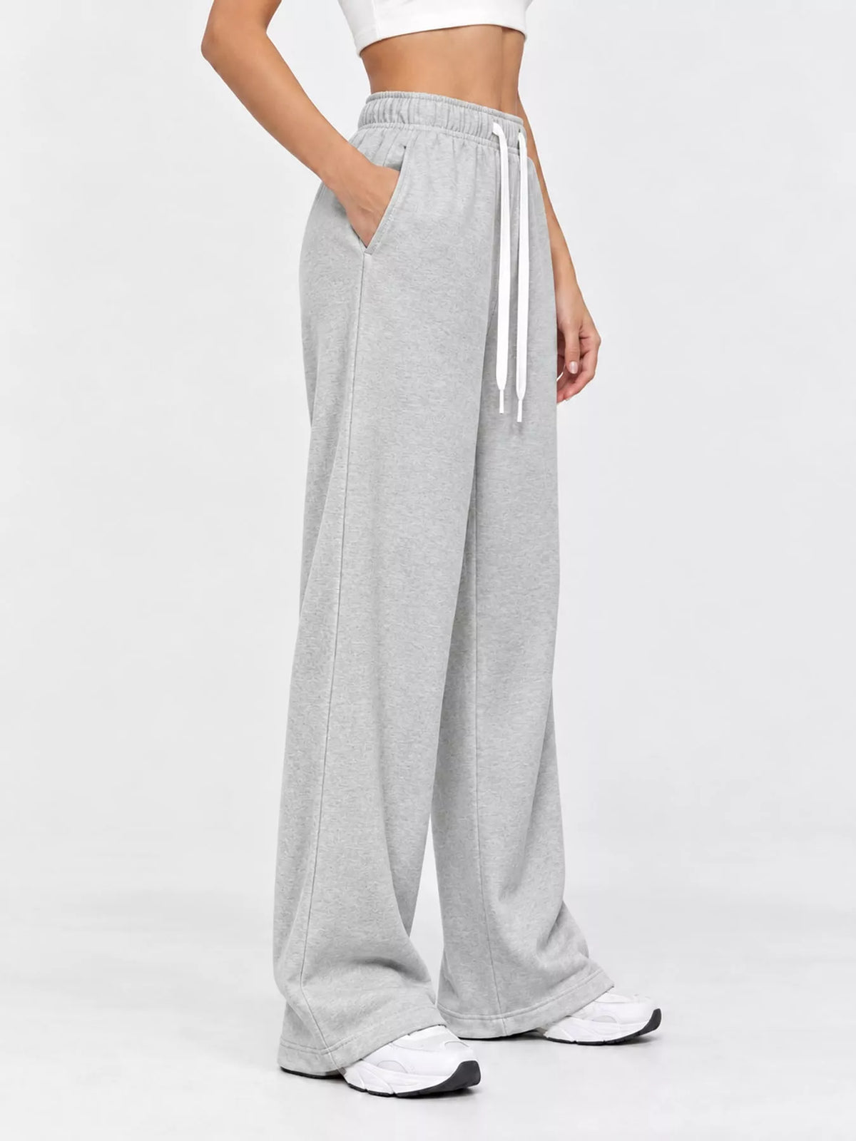 Light gray wide-leg pants with drawstring