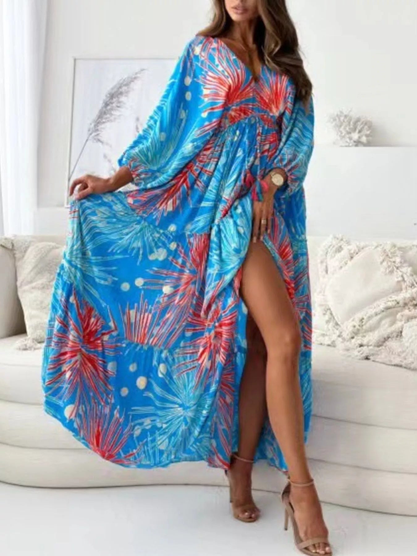 Trendsi Printed V-Neck Balloon Sleeve Slit Maxi Dress -