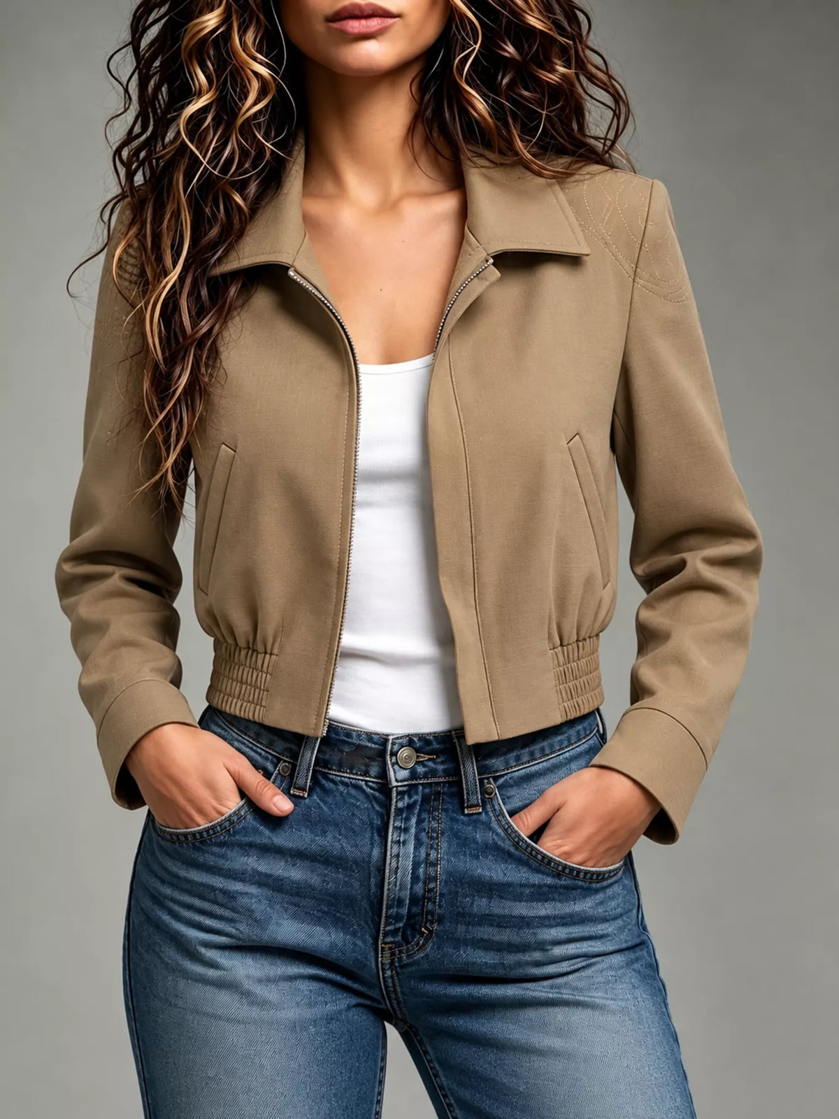Women's Zip Up Elasticized Hem Cropped Jacket in taupe — front view
