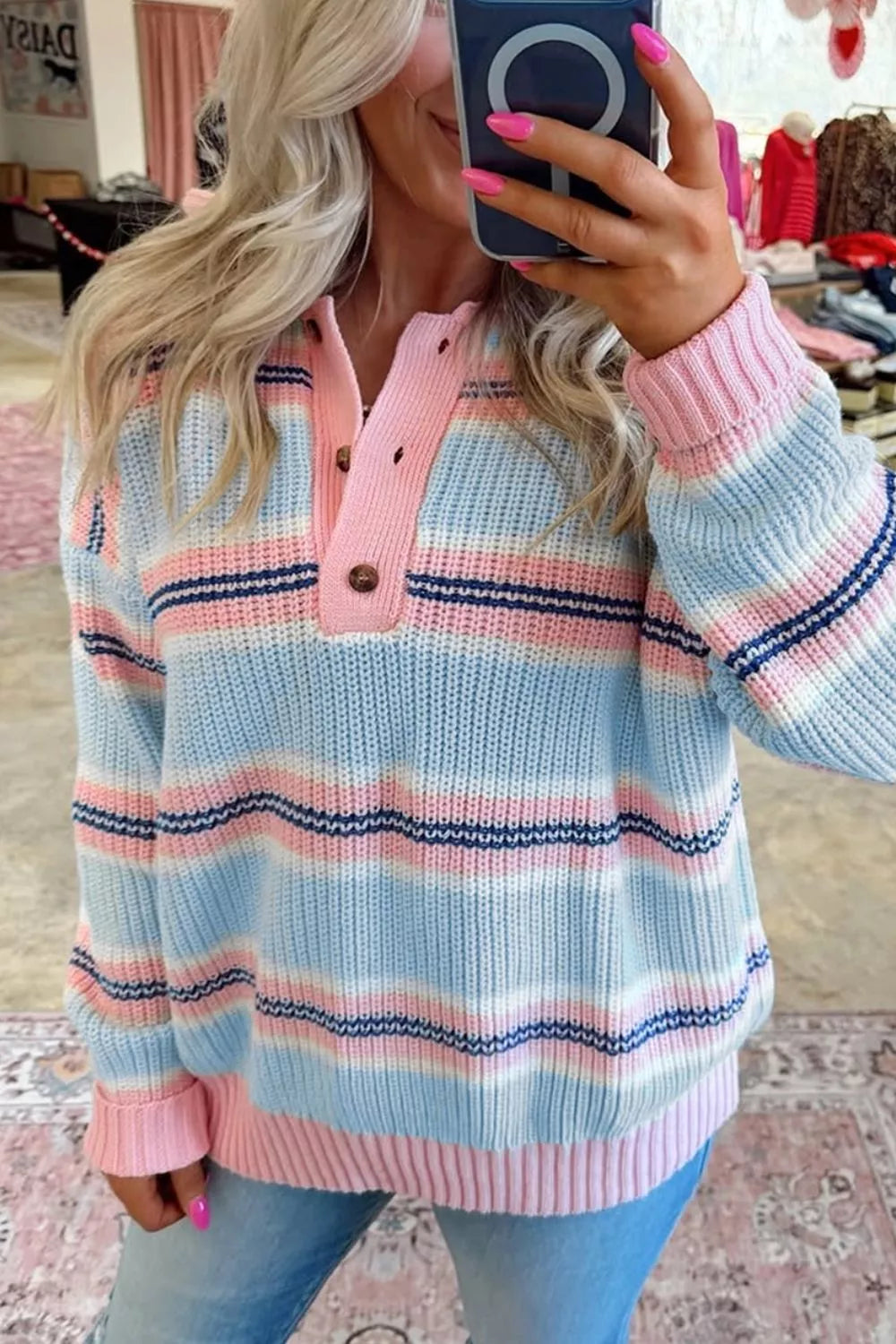 Trendsi Stripe Striped Button Collar Long Sleeve Shift Fit Winter Knitwear Sweater -