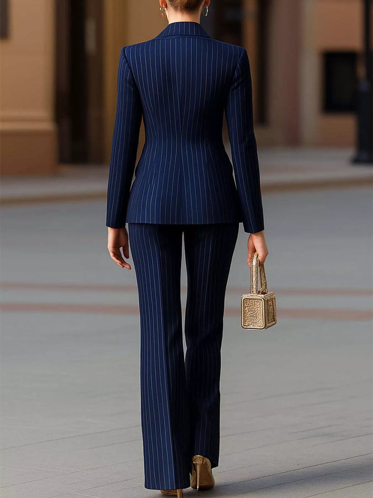 Pinstripe pantsuit, navy suit back