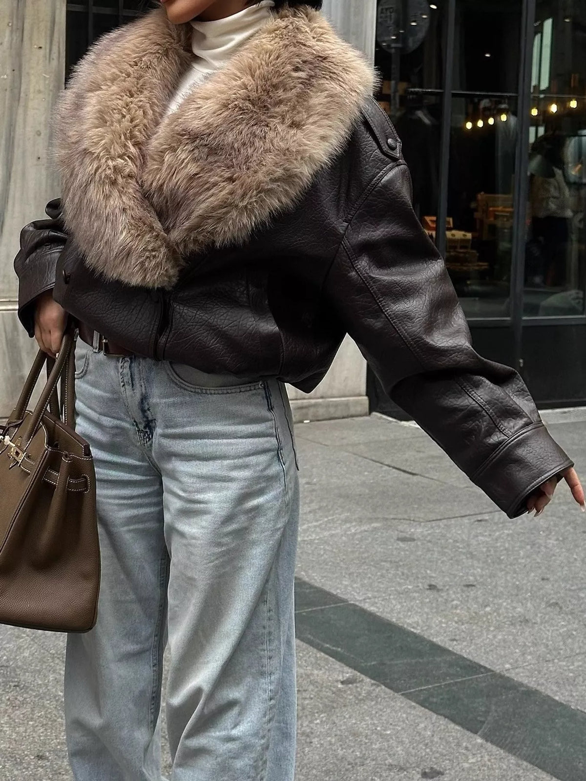 Faux Fur Collar Faux Leather Bomber Jacket in coffee, front view