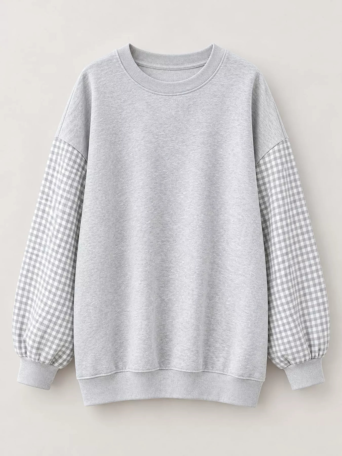 Gray and white gingham sleeve dropped shoulder sweatshirt, front view