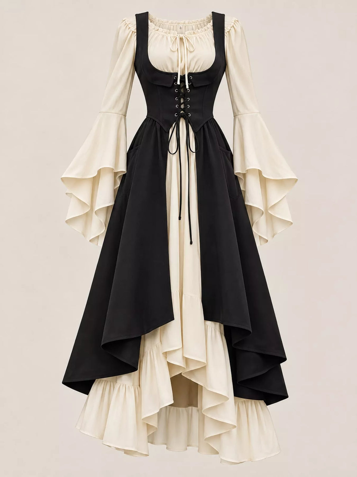Black corset style lace-up bell sleeve dress — front view