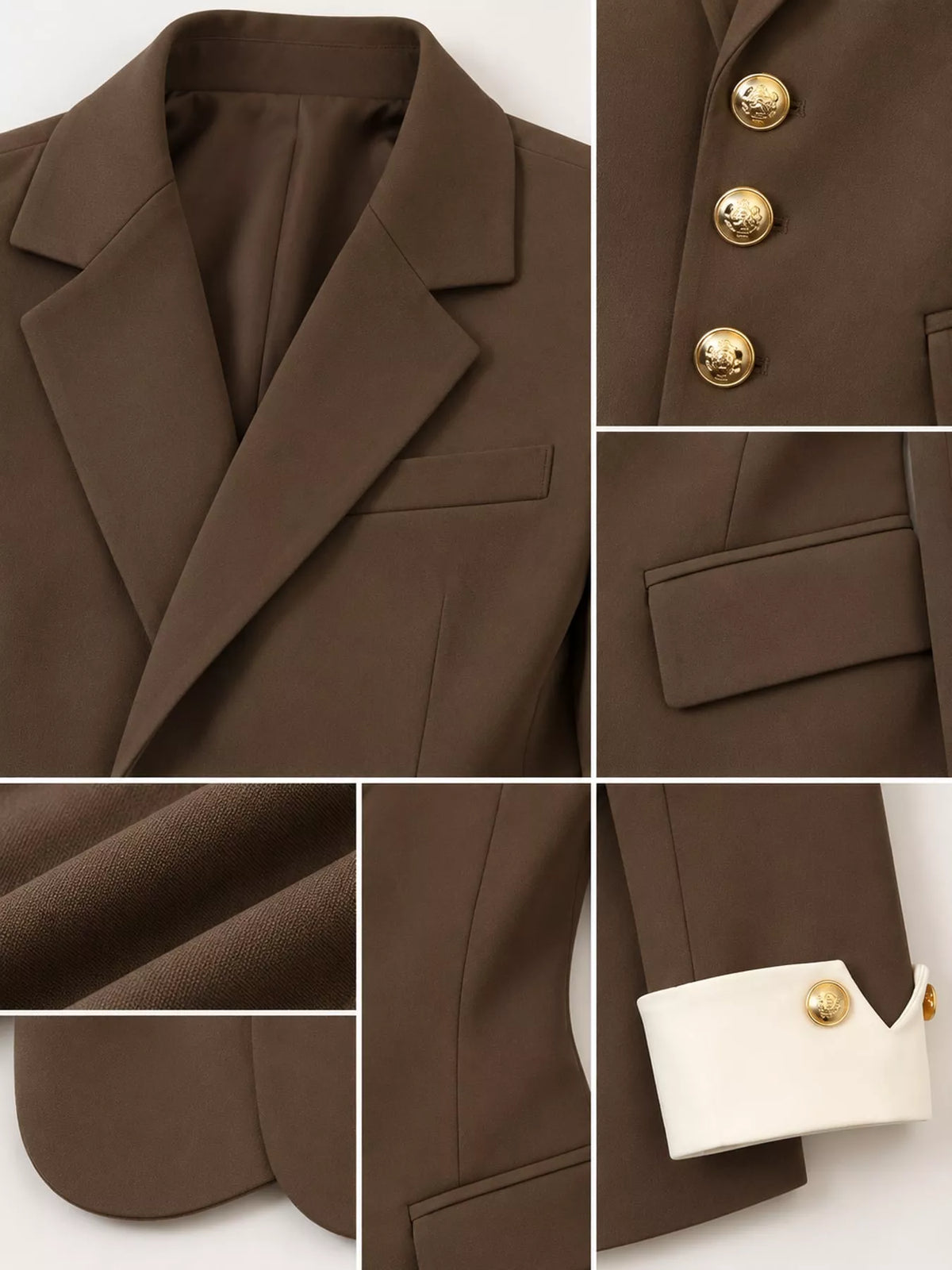 Brown single-breasted blazer with gold-tone buttons, lapel, buttons, pocket, and cuff details