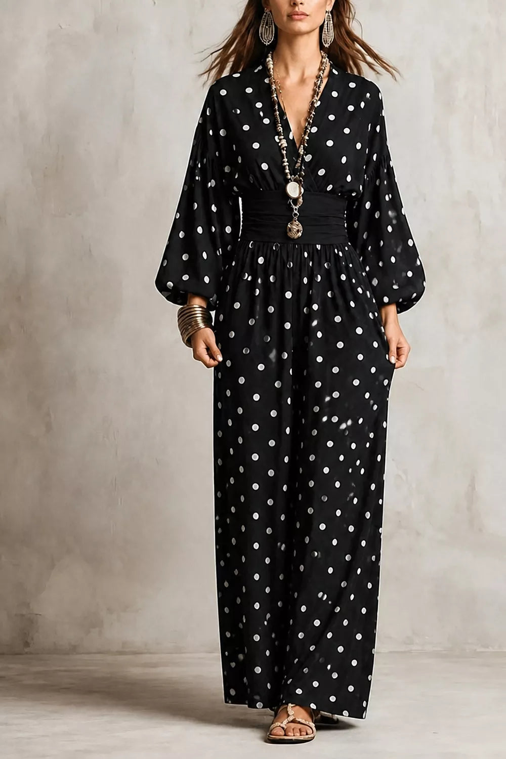 Women's Polka Dot Wide-Leg Jumpsuit in Black, alternate view