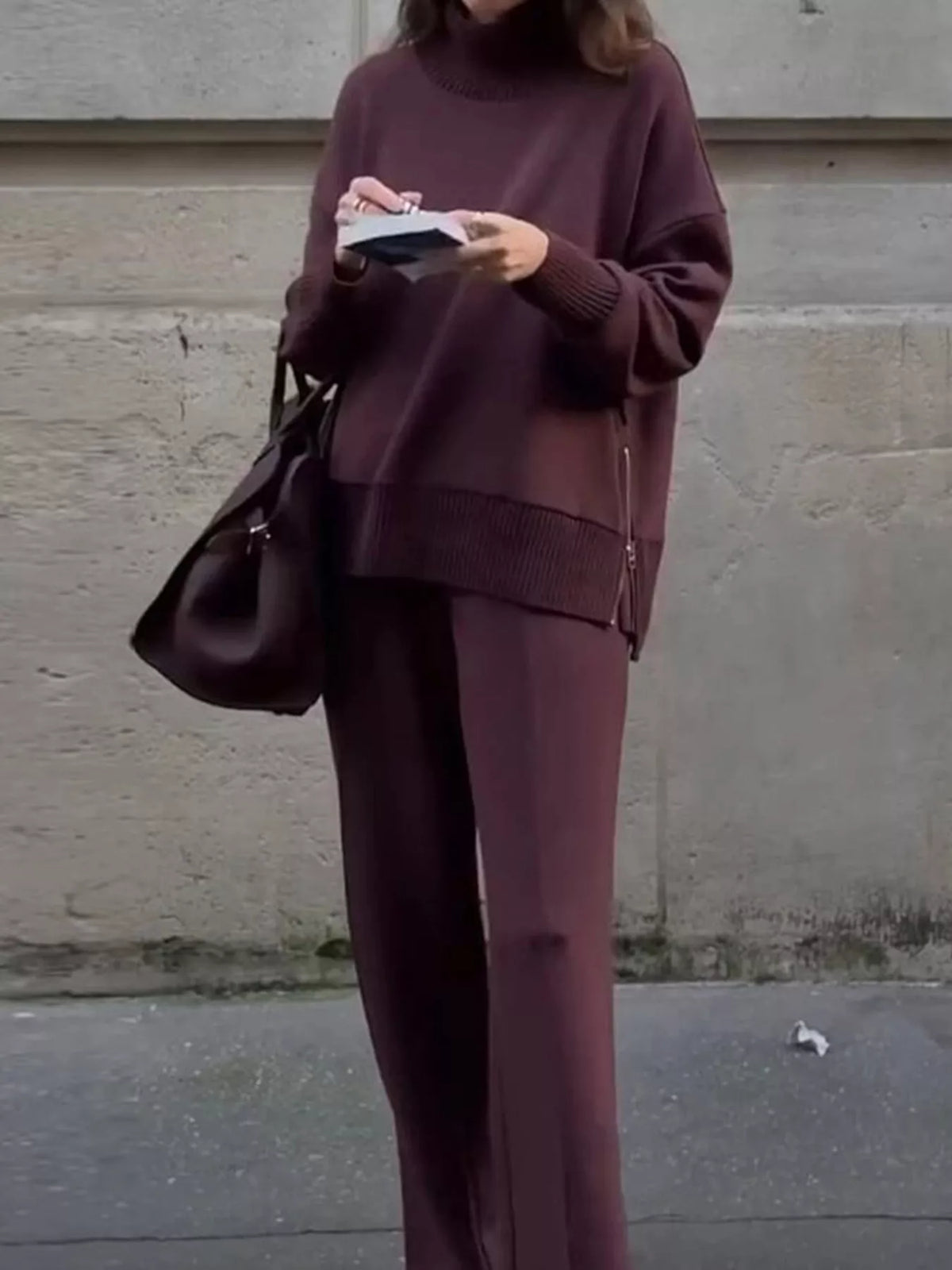 Dropped Shoulder Sweatshirt and Wide-Leg Pants Set in burgundy, front view