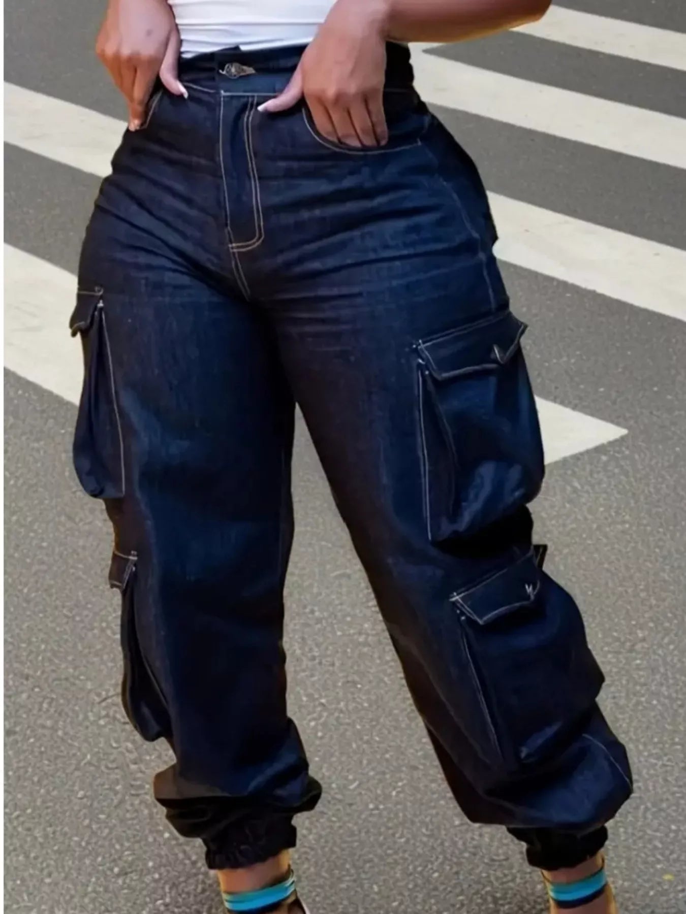 Trendsi Plus Size High-Waisted Cargo Jeans -
