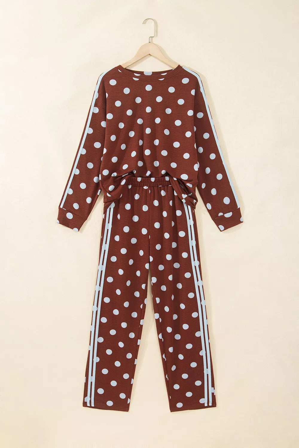 Brown polka dot side-stripe top and pants set