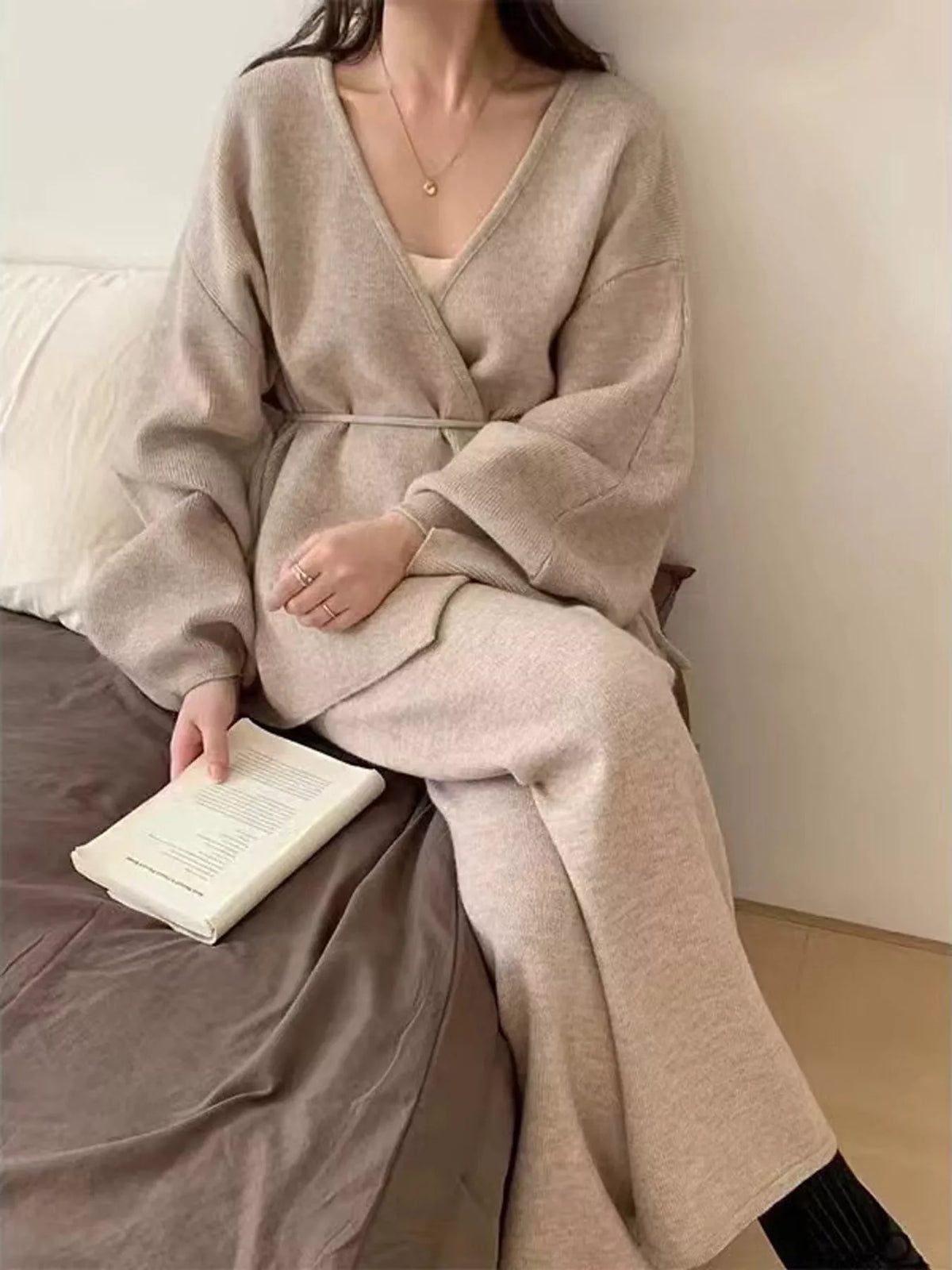 V-Neck Wrap Cardigan and Wide-Leg Pants Sweater Set in khaki