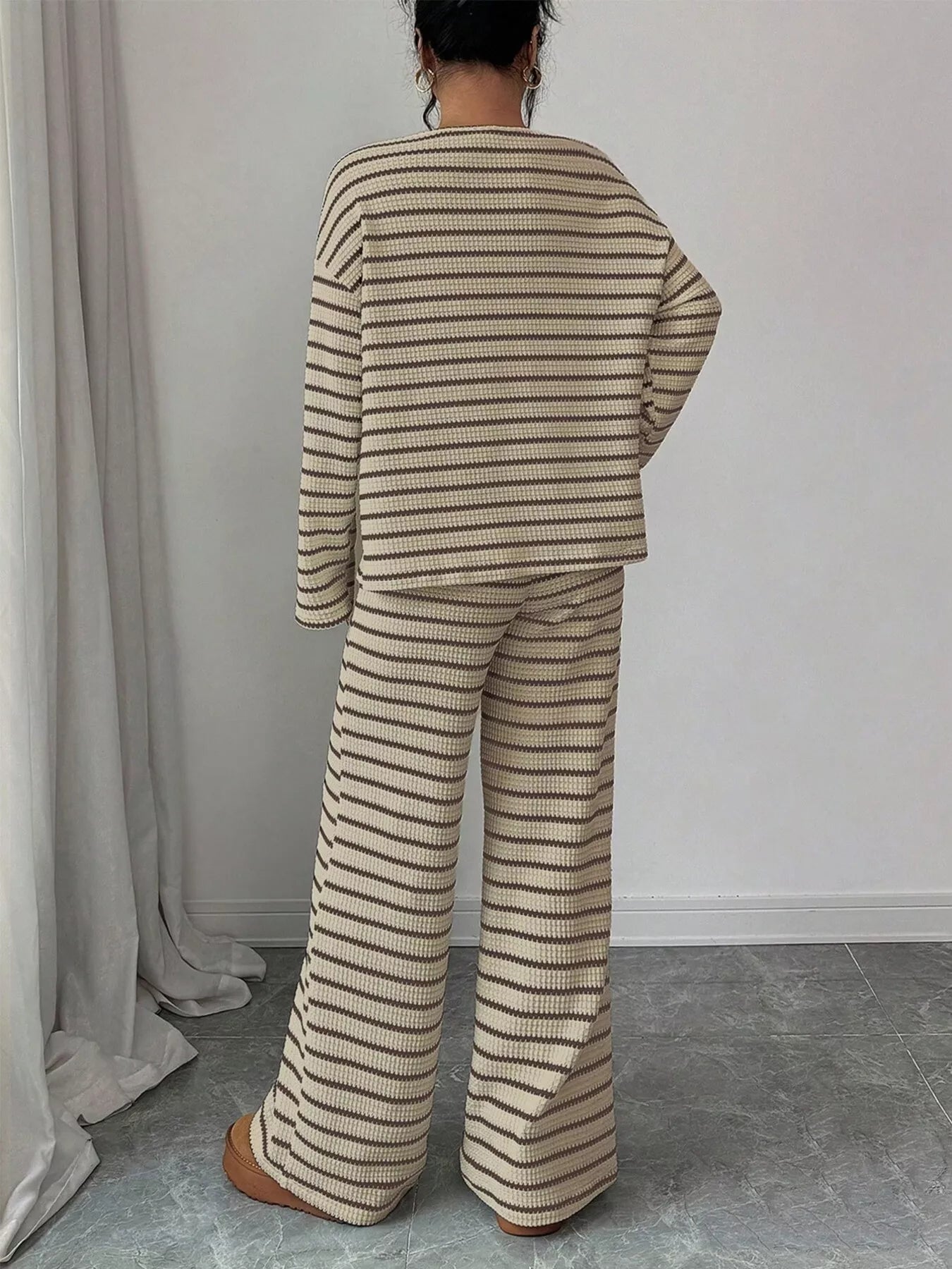 Trendsi Striped Knit Dropped Shoulder Top and Pants Set -