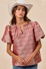 Trendsi BiBi Jacquard Woven Short Balloon Sleeves V Neck Top -