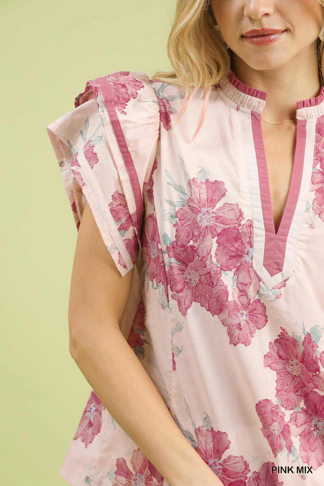 Women's Floral Cotton Split-Neck Blouse With Double Ruffle Sleeves — product view 4