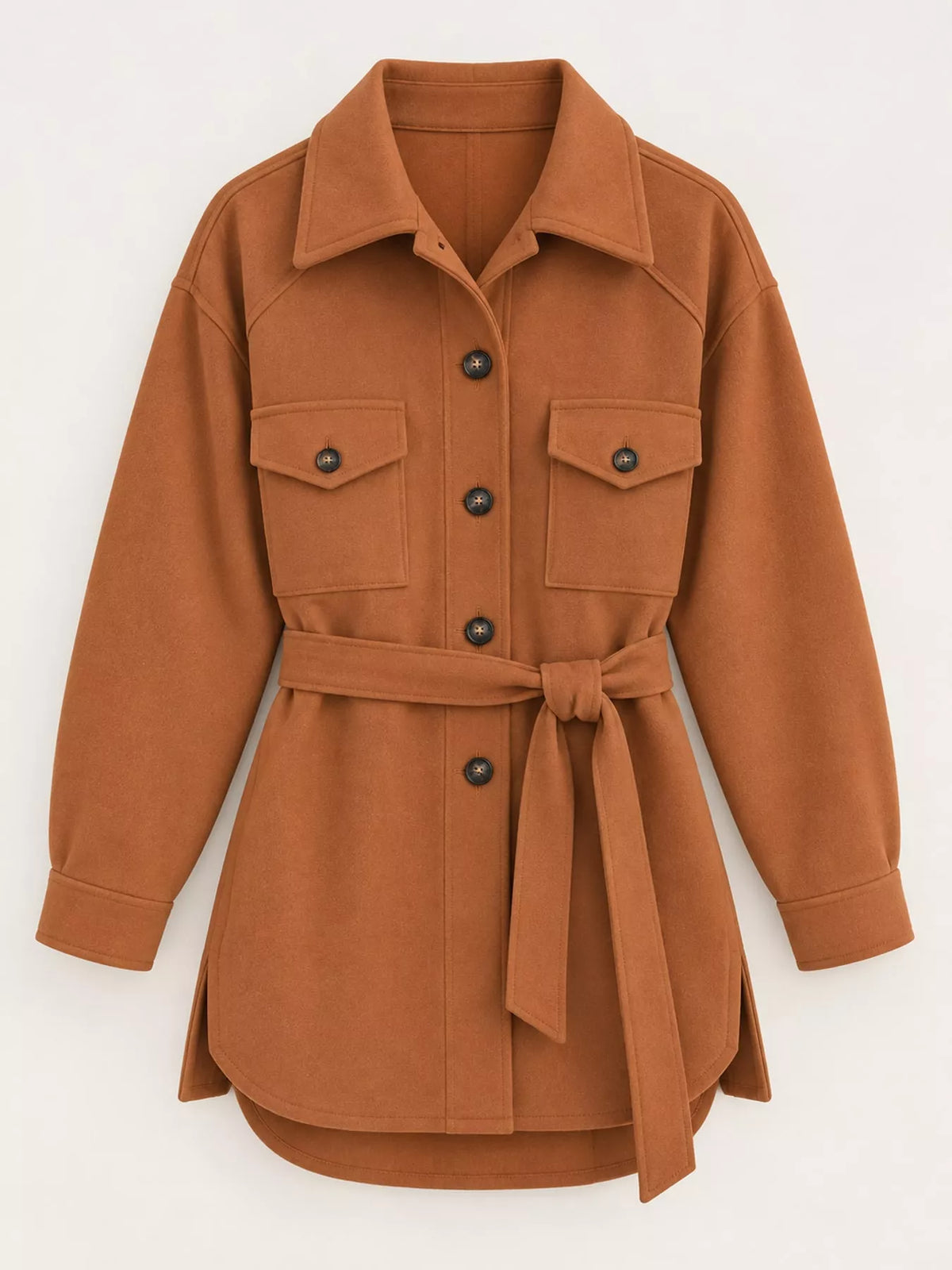 Belted Button-Down Shirt Jacket — garment front