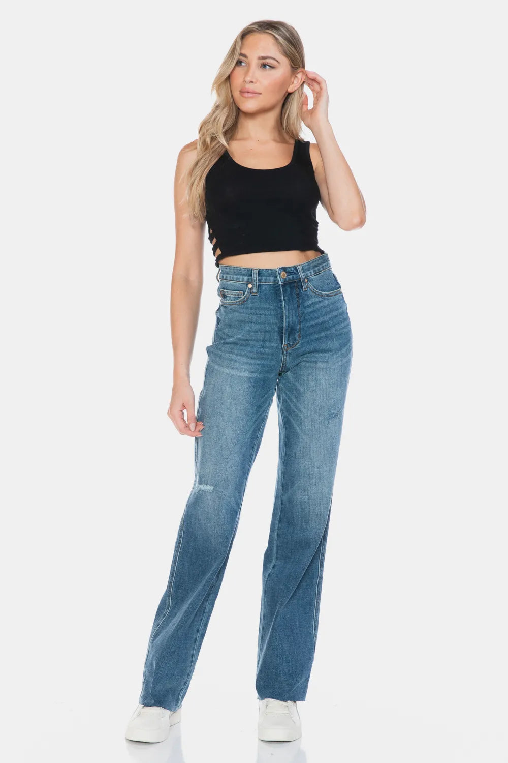 Women's Tummy-Control Straight-Leg Jeans With Raw Hem — product view 11