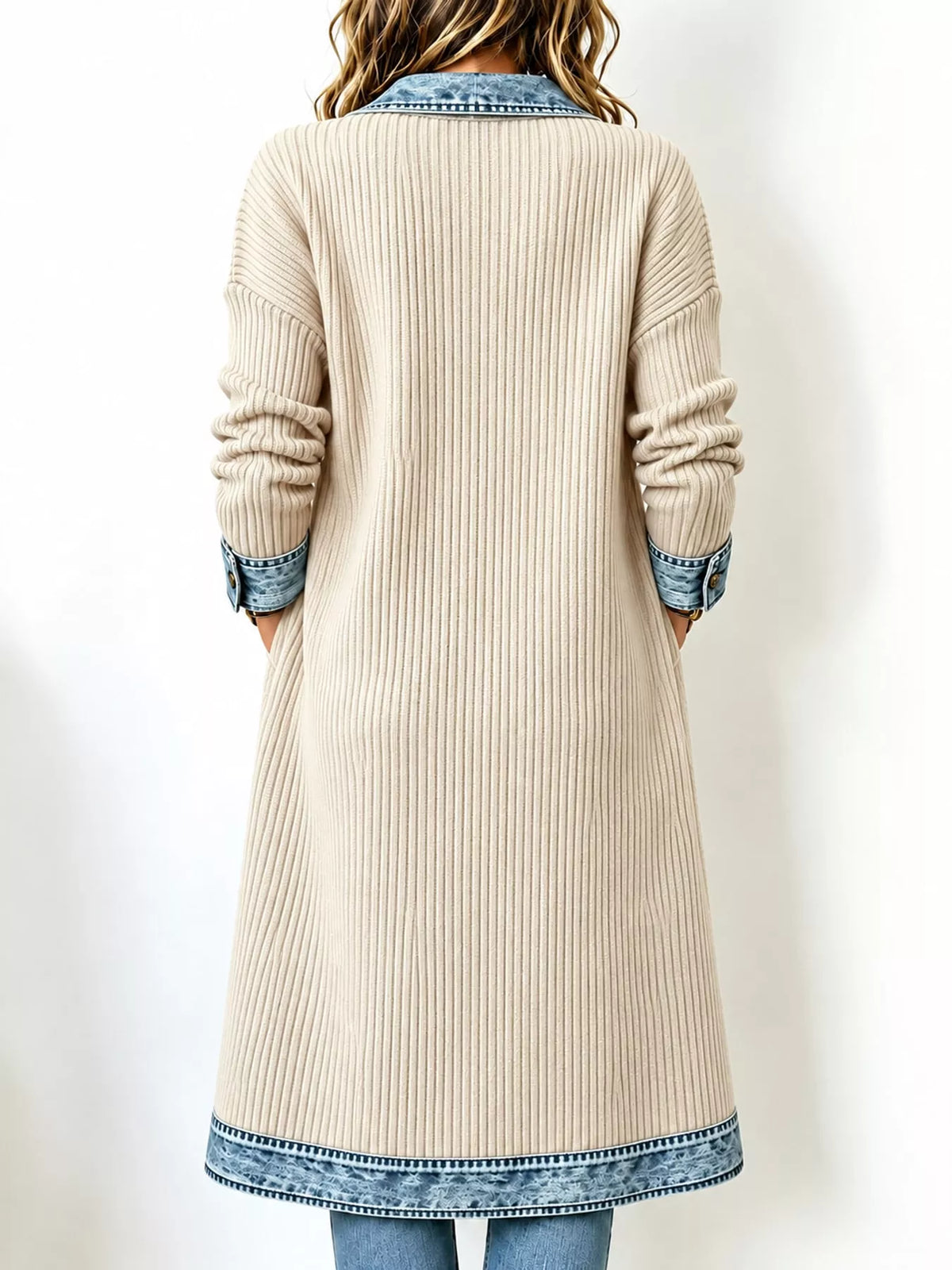 Apricot Genuine Denim denim-trimmed ribbed knit longline cardigan, back view