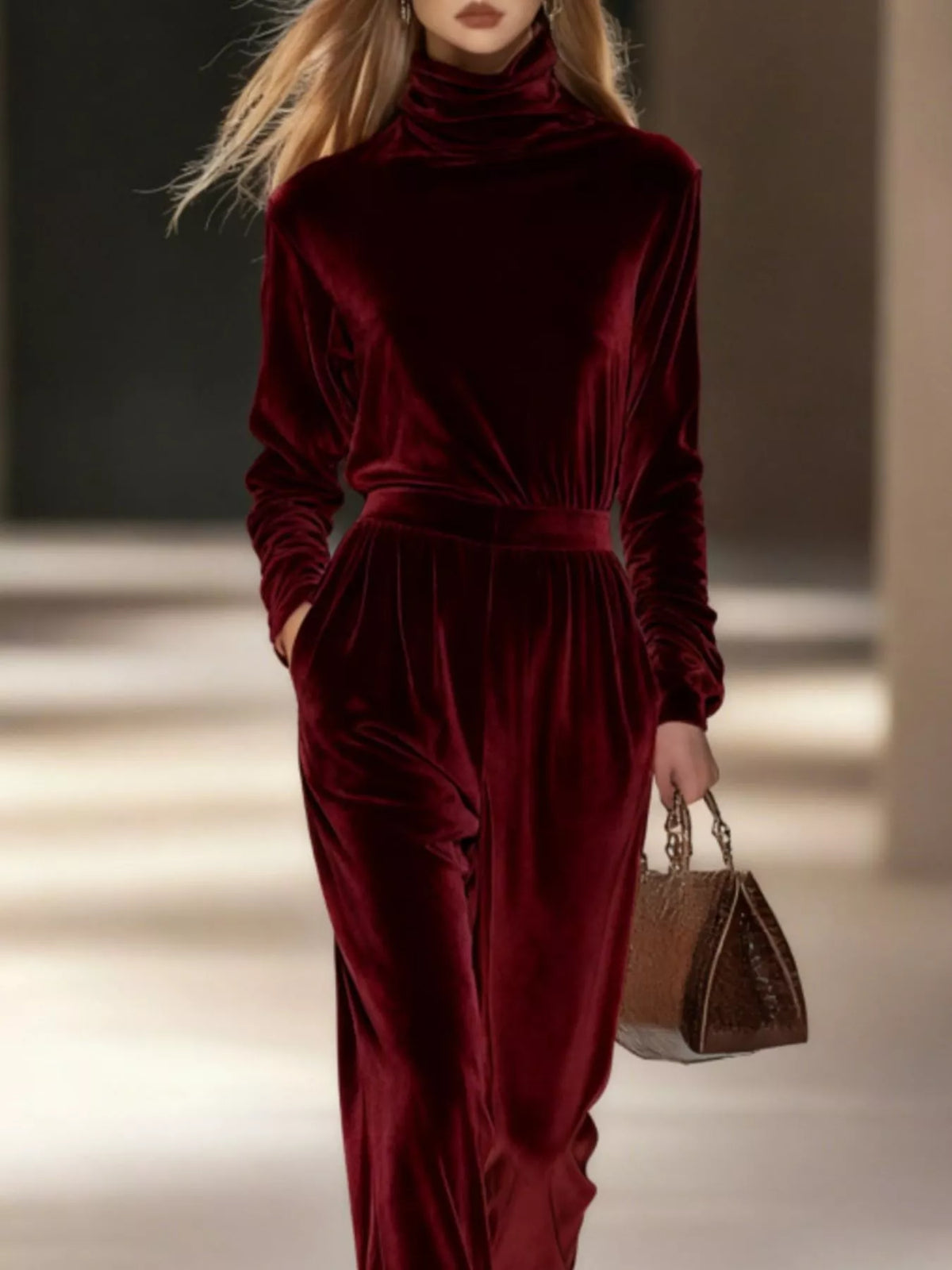 Women's Velvet Turtleneck Long-Sleeve Top & Wide-Leg Pants Set — alternate view 9