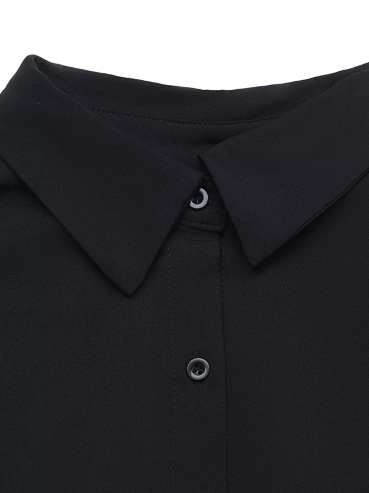 Black flounce sleeve ruched mini shirt dress, collar detail